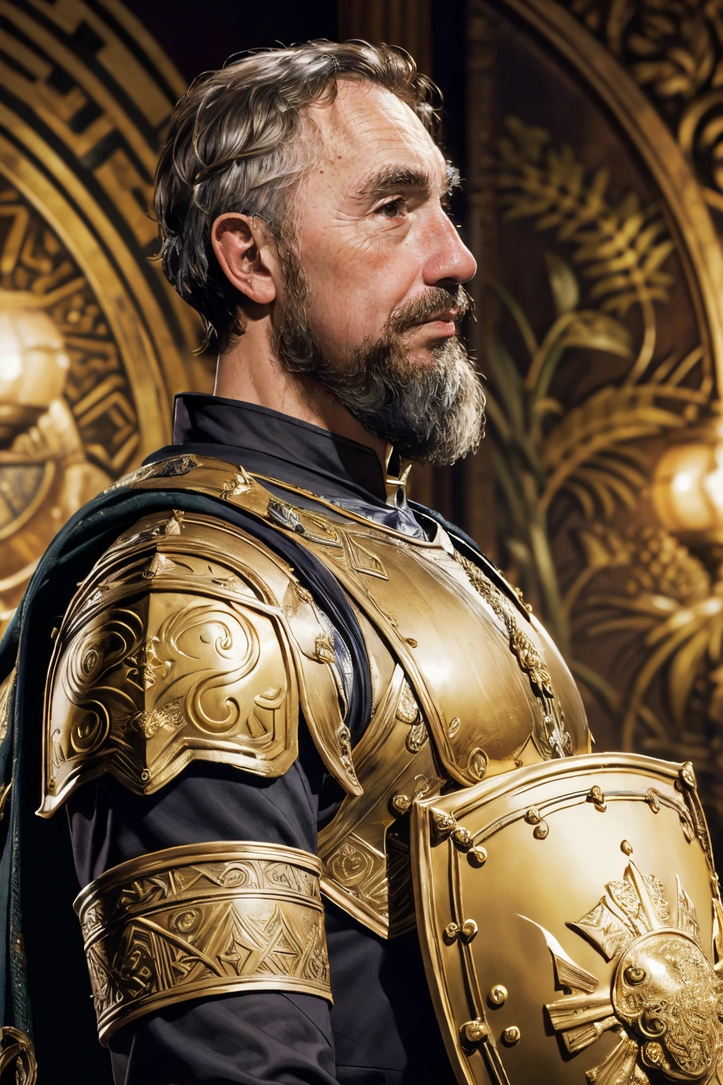 Side View of a Roman Warrior wearing a shield on his back,Overgrown,mystic,ethereal,darkness,muscular,spartan,more impressive beard,extreme detailed and ornamented armor,black armor,gold ornament,
yes minister,sir Humphrey, Nigel Hawthorneï¼ <lora:sirhumphreylora:1>