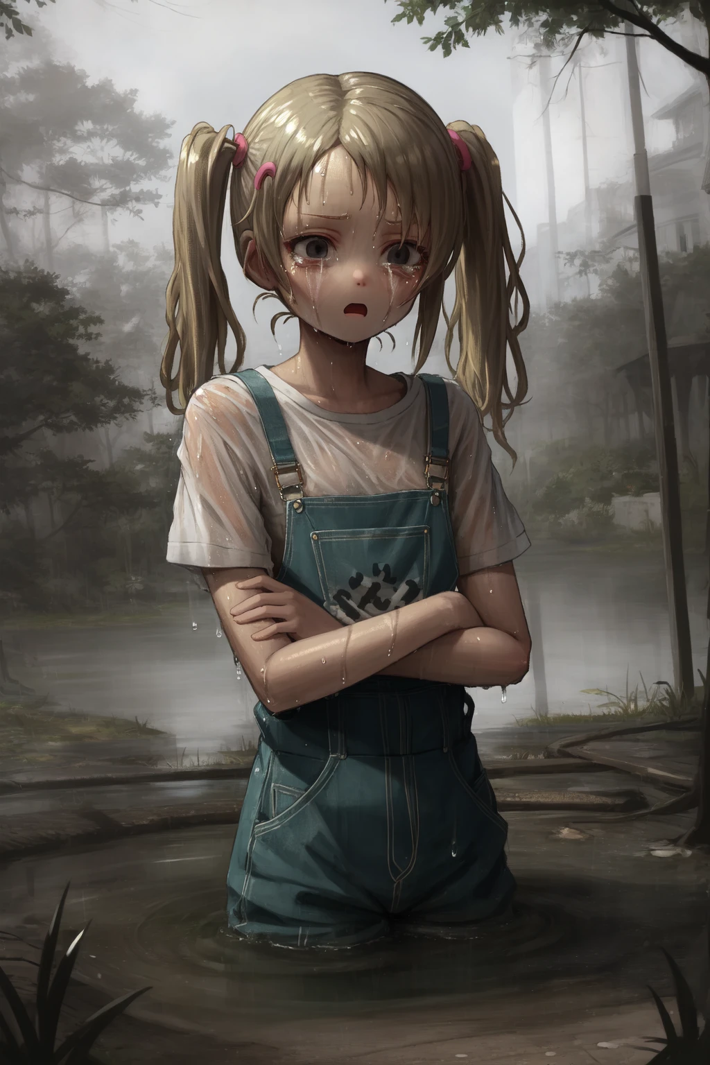 (masterpiece, best quality:1.2), 1girl, (:t:1.2), tearing up, black eyes, blonde hair, twintails, hairclip, forehead, flat chest BREAK white t-shirt, pink overalls, crossed arms BREAK (partially submerged:1.1), (wet, wet clothes, dripping), forest, river