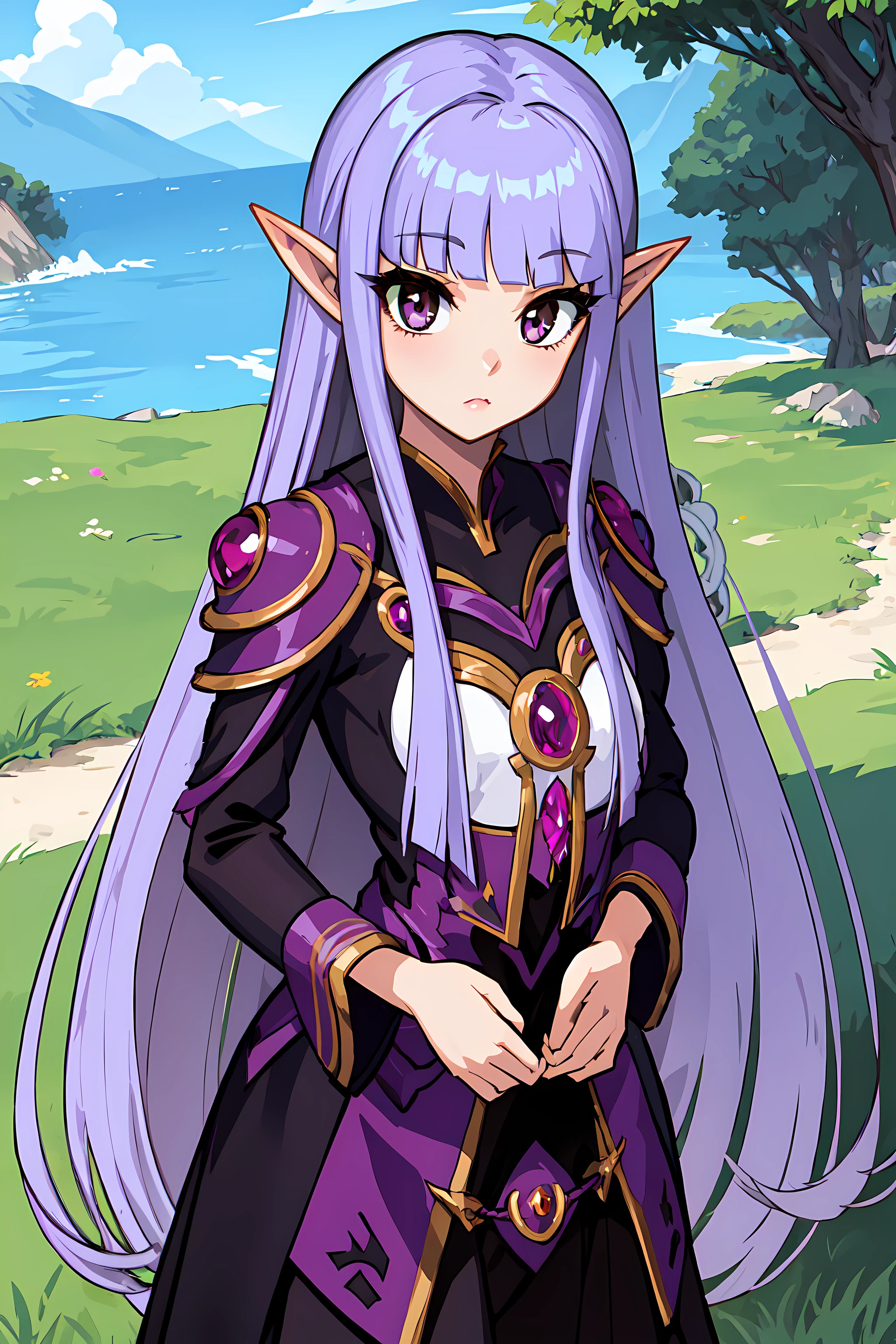 <lora:LunaCCv1:0.7> luna, masterpiece, best quality, 1girl, solo, pointy ears, long hair, purple hair, (brown) eyes, outdoors
