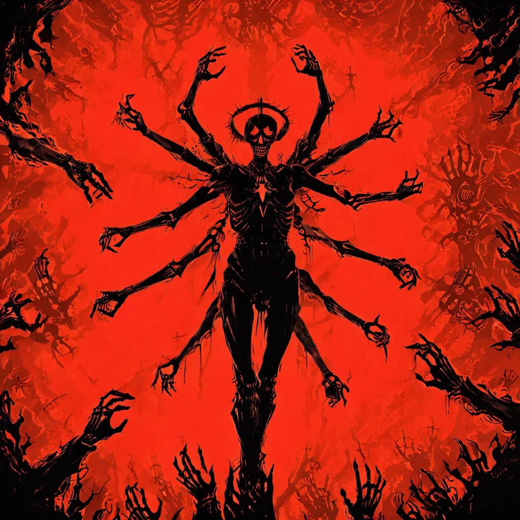 UltraAlbum, a ((black silhouette)) of a winged figure on ((monotone red background surrounded)) by skeletal grabbing hands, monochrome, red and black, two colors, cross, angel, centered, symmetrical