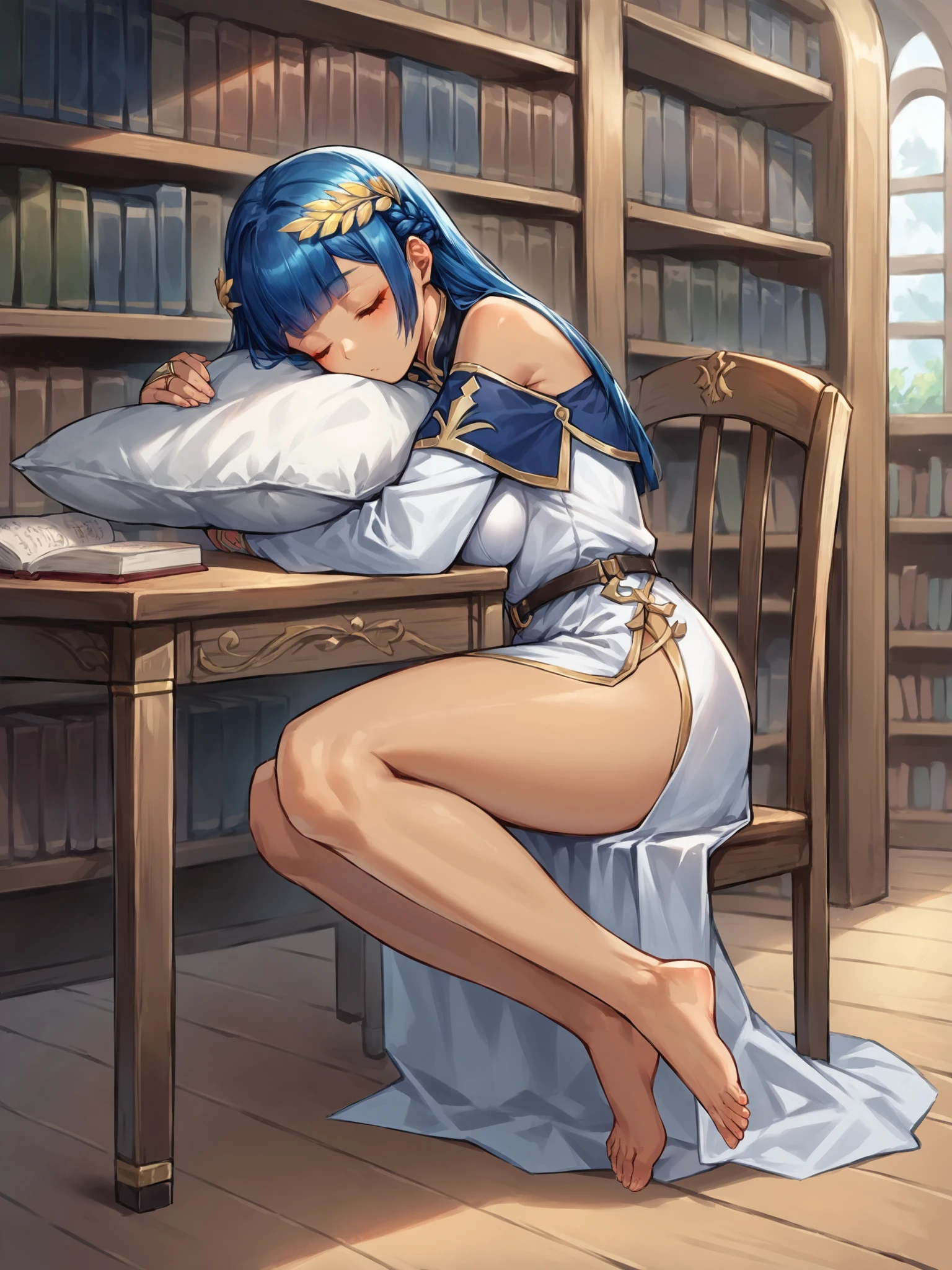 score_9, score_8_up, score_7_up, score_6_up, source_anime, BREAK
1girl, solo, <lora:Genshin_NPC_Setaria_Pony_v1:0.6>, (beautiful scenery, ultra-detailed, library, indoors:1.3), cute, pretty, detailed face, detailed eyes, dark-skinned female, blue hair, blunt bangs, long hair, makeup, crown braid, laurel crown, (long dress:1.5), (capelet:1.3), belt, (long sleeves:1.1), gold trim, bridal gauntlets, long hair, barefoot, toes, (side slit dress:1.5), (exposed thigh, bare leg:1.1), wide hips, thicc thighs, bare legs, (curled up, sleeping, sitting on a chair, desk, tightly hugging a pillow, book on table:1.3), bare shoulders, off-shoulder, feet together, from side, antique chair