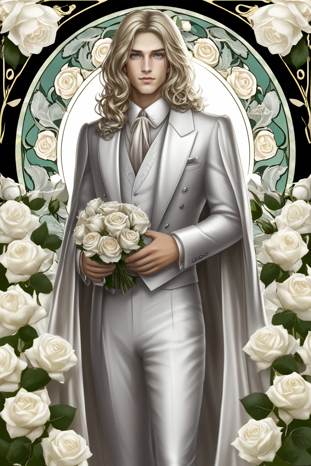 male, blonde long hair, grey eyes, full body, white roses background <lora:Ilian XL:0.8> ilian <lora:Art_Nouveau_Pony:0.8> art nouveau