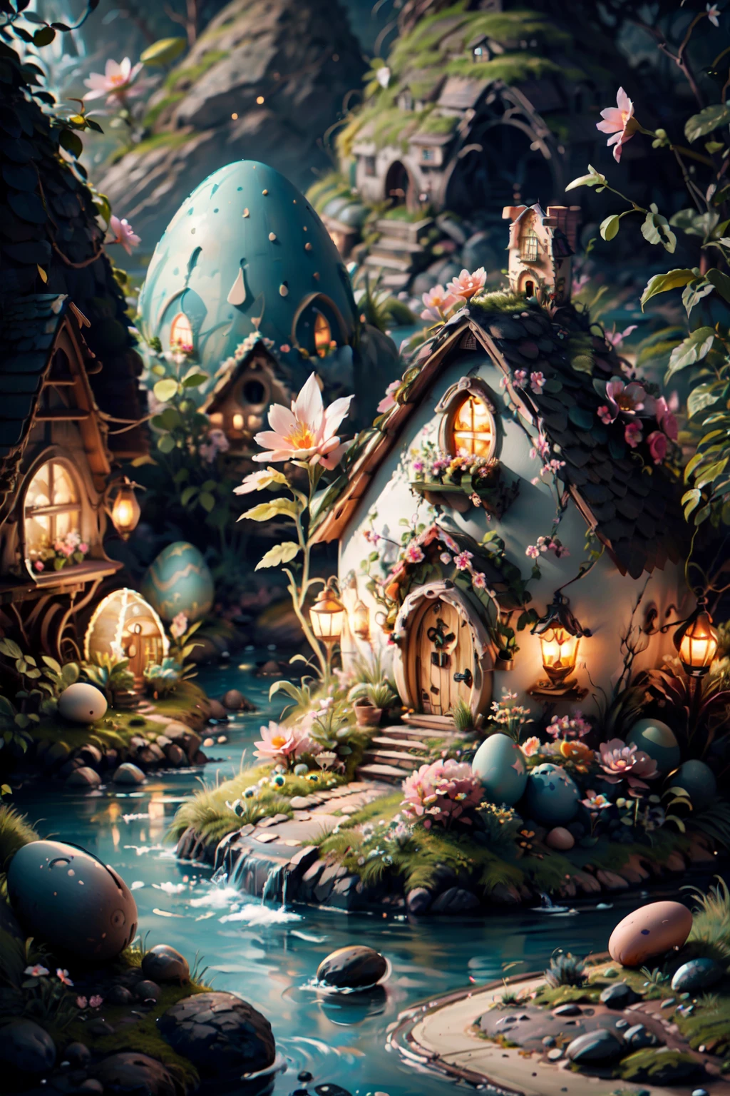 ((masterpiece,best quality)), absurdres, <lora:Easter_Egg_Home:0.7>,   Easter Egg Home, flower, pink flower,  <lora:EdobSyFyHorrorFairyTale_v1.0:0.8>, EdobFairyTaleLandscape, village,  a village of egg houses near a babbling brook, waterfall, bridge,