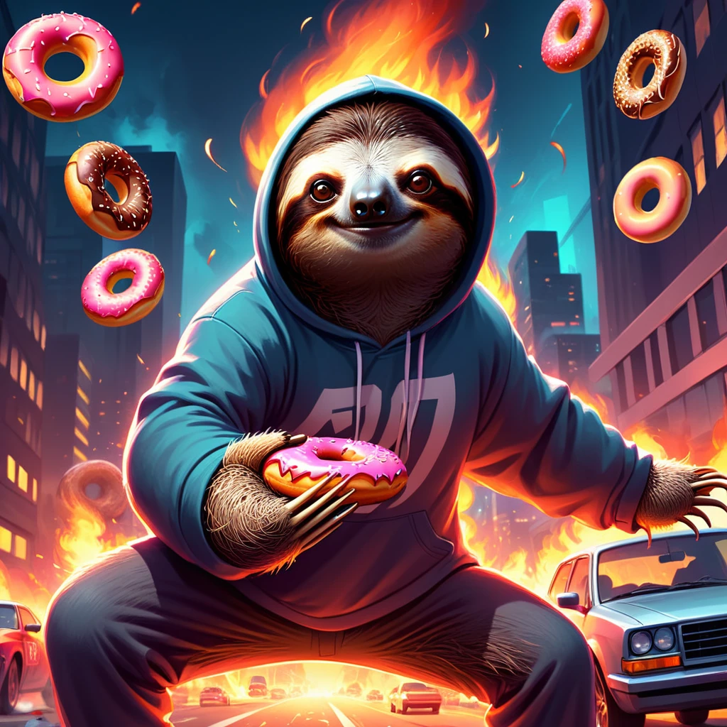 concept art <lora:sl0th-000007:0.7> , sloth wearing hoodie, throwing donuts, riot in city, burning cars, at night, dramatic lighting, digital artwork, illustrative, painterly, matte painting, highly detailed
