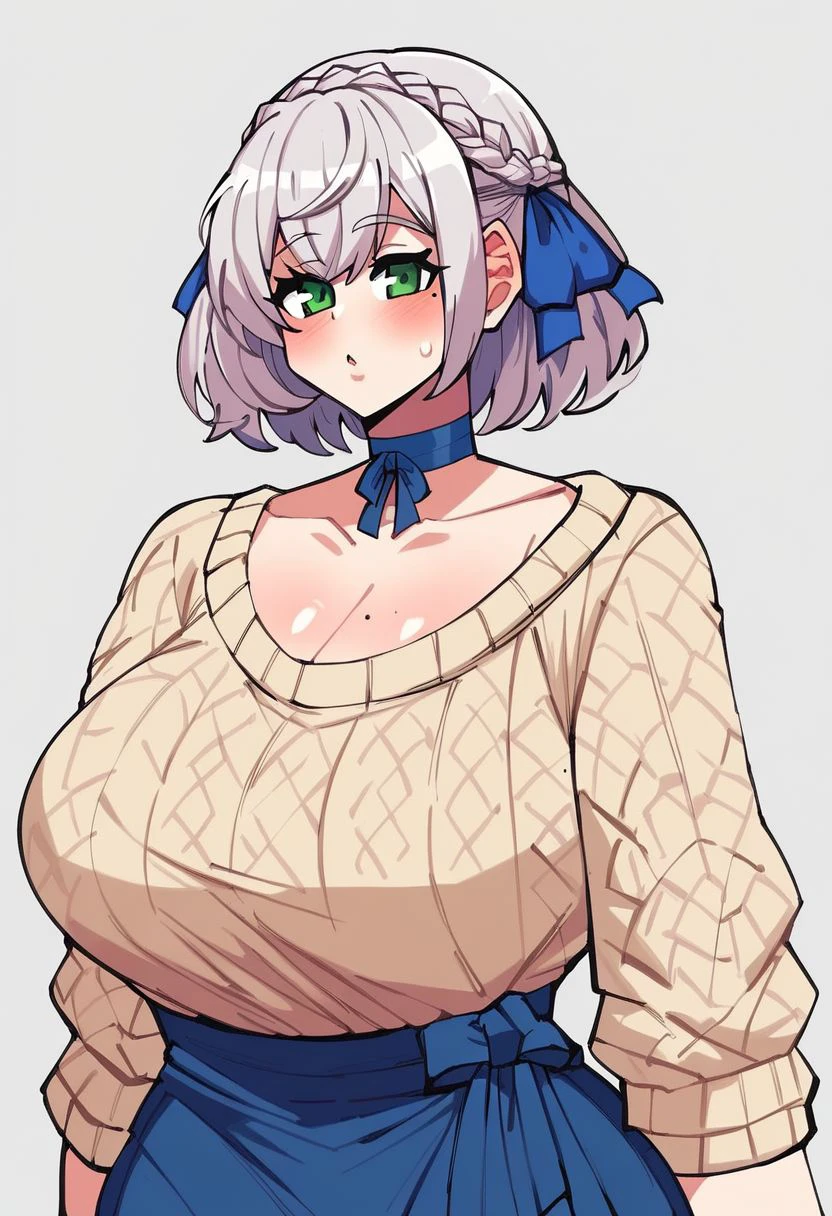 highly detailed, score_9, score_8_up, score_7_up, uncensored, masterpiece, 1girl, PONYXL_Embo_ownwaifu, shirogane noel, braid, french braid, green eyes, grey hair, hair ribbon, ribbon, short hair, snowflake choker, wavy hair, mole, mole on breast, casual, collarbone, high-waist skirt, official alternate costume, official alternate hairstyle, sweater, massive breasts