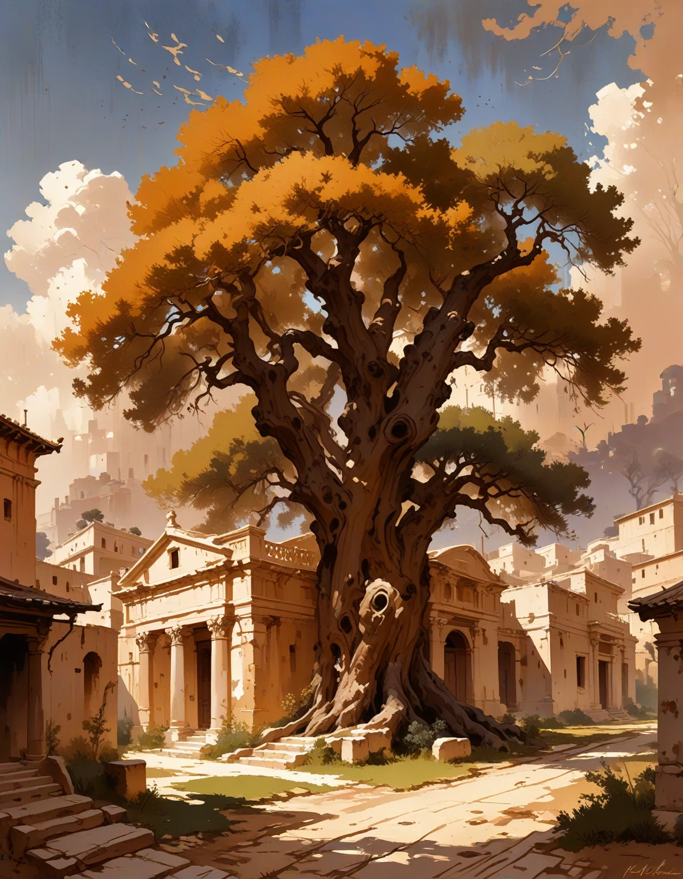 noon, blue sky, clouds, architecture,  Classic Academia Ancient olive tree grove.  Classic Academia, an oil painting depicting a sunny day at noon, with wispy clouds in the blue sky overhead. The architectural elements feature ornate columns and pediments reminiscent of a Greek temple. In front of these buildings, there lies an ancient olive tree grove. The trees have been carefully cultivated over centuries and their trunks twist and turn gracefully. The leaves on the branches provide gentle shade and cast a soft green hue across the ground below. The colors used in the painting consist primarily of warm earth tones such as terracotta red, burnt umber, and sepia brown. These colors evoke feelings of nostalgia and evoke memories of times gone by.