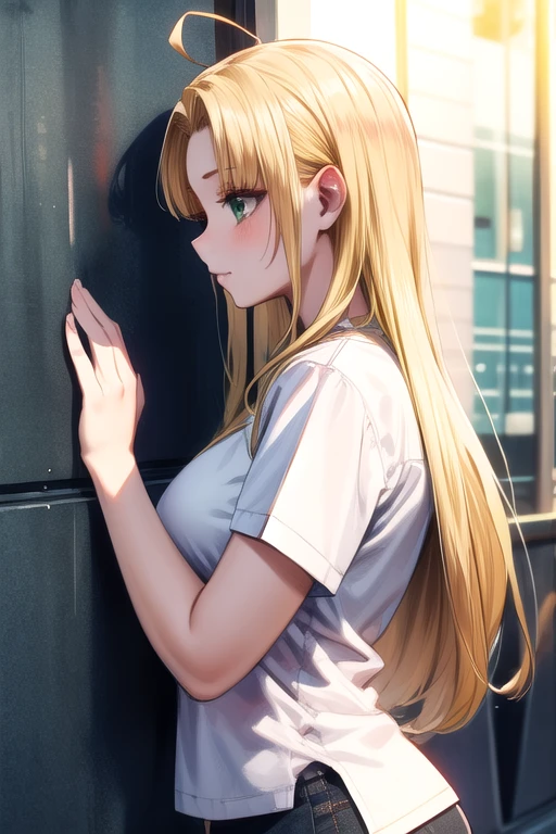 from side, profile, 1girl, breasts, solo, long hair, green eyes, ahoge, blonde hair, blunt bangs, parted bangs, white shirt, pants, <lora:asia_argento-10:1>, BREAK
(masterpiece, best quality, ultra detailed, intricate details:1.2), beautiful detailed eyes, solo,  <lora:more_details:0.4>