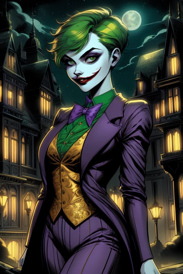 <lora:Jokerette-10:1> masterpiece, best quality, (detailed beautiful face, detail skin texture, ultra-detailed body:1.1), Closeup fullbody portrait of Jokerette, female Joker, a woman, green hair:1.3, short hair, green short hair, green eyes:1.2, in a jokersuit:1.3, purple bow tie, standing in front of a victorian manor at night. Moon. American Comic book style, DC Comics, Gotham city, night scene, intricate background, atmospheric scene, fantasy, feminine+, shiny wet skin, pale white albino skin::1.5, wide evil smile::1.1, looking at viewer, modelshoot style, photo of beautiful artwork, High Detail, Sharp focus, dramatic+, Intricate, beautiful, otherworldly, mysterious, highly detailed