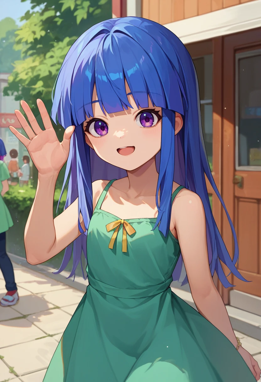 score_9, score_8_up, score_7_up, source_anime, furude rika, blue hair, purple eyes,  1girl, green dress, outdoors, waving,   <lora:Furude Rika-000010:1>