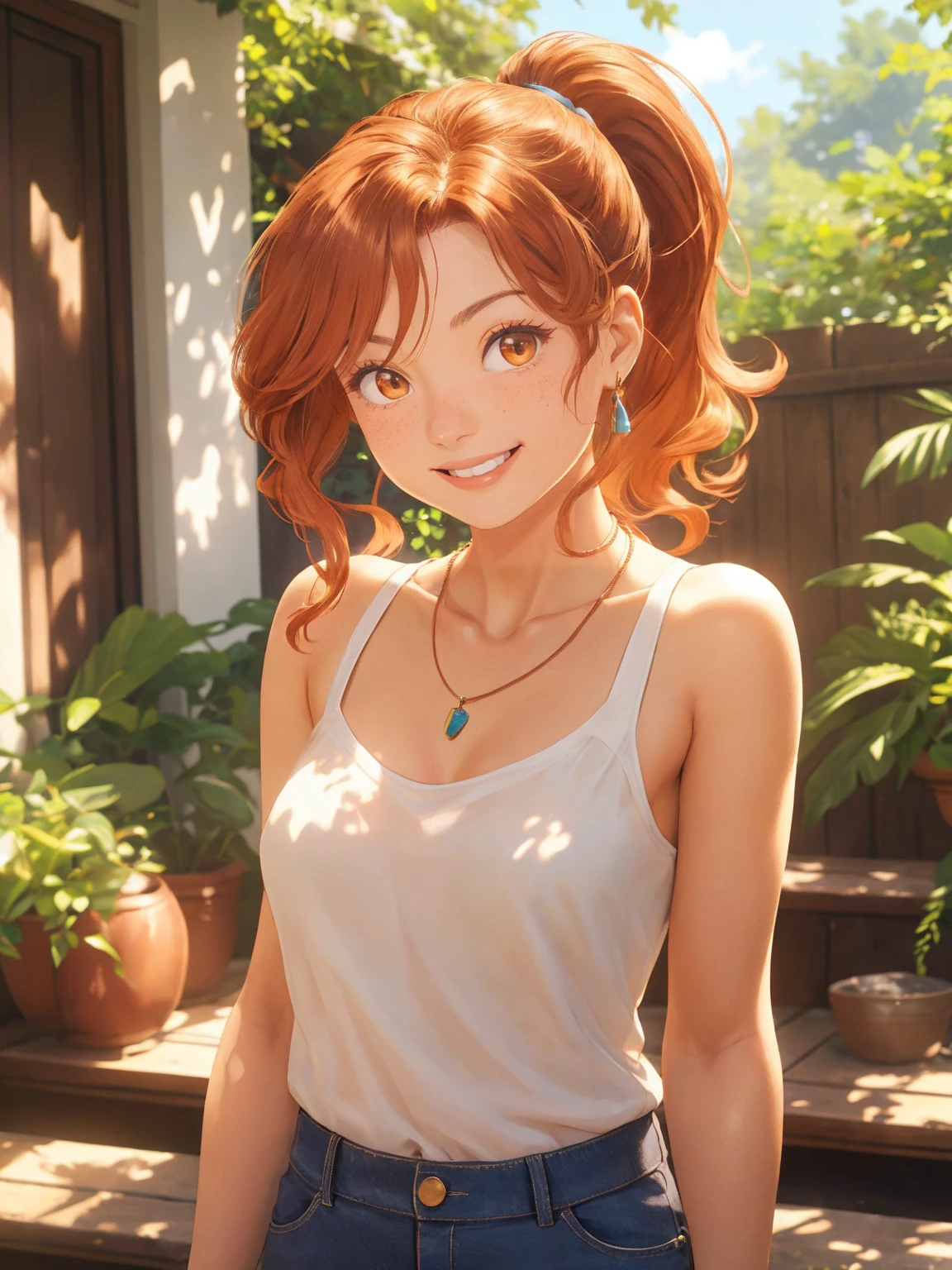 A real life photo of a happy girl [ <'EM_1'> | <'EM_2'> | <'EM_3'> ] with ginger wavy hair under (dappled:0.9) sunlight looking at the viewer, collarbone, necklace, contemporary plain pants, ponytail, (freckles:0.7)