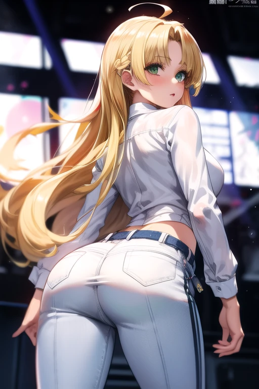 from behind, ass, 1girl, breasts, solo, long hair, green eyes, ahoge, blonde hair, blunt bangs, parted bangs, white shirt, pants, <lora:asia_argento-10:1>, BREAK
(masterpiece, best quality, ultra detailed, intricate details:1.2), beautiful detailed eyes, solo,  <lora:more_details:0.4>