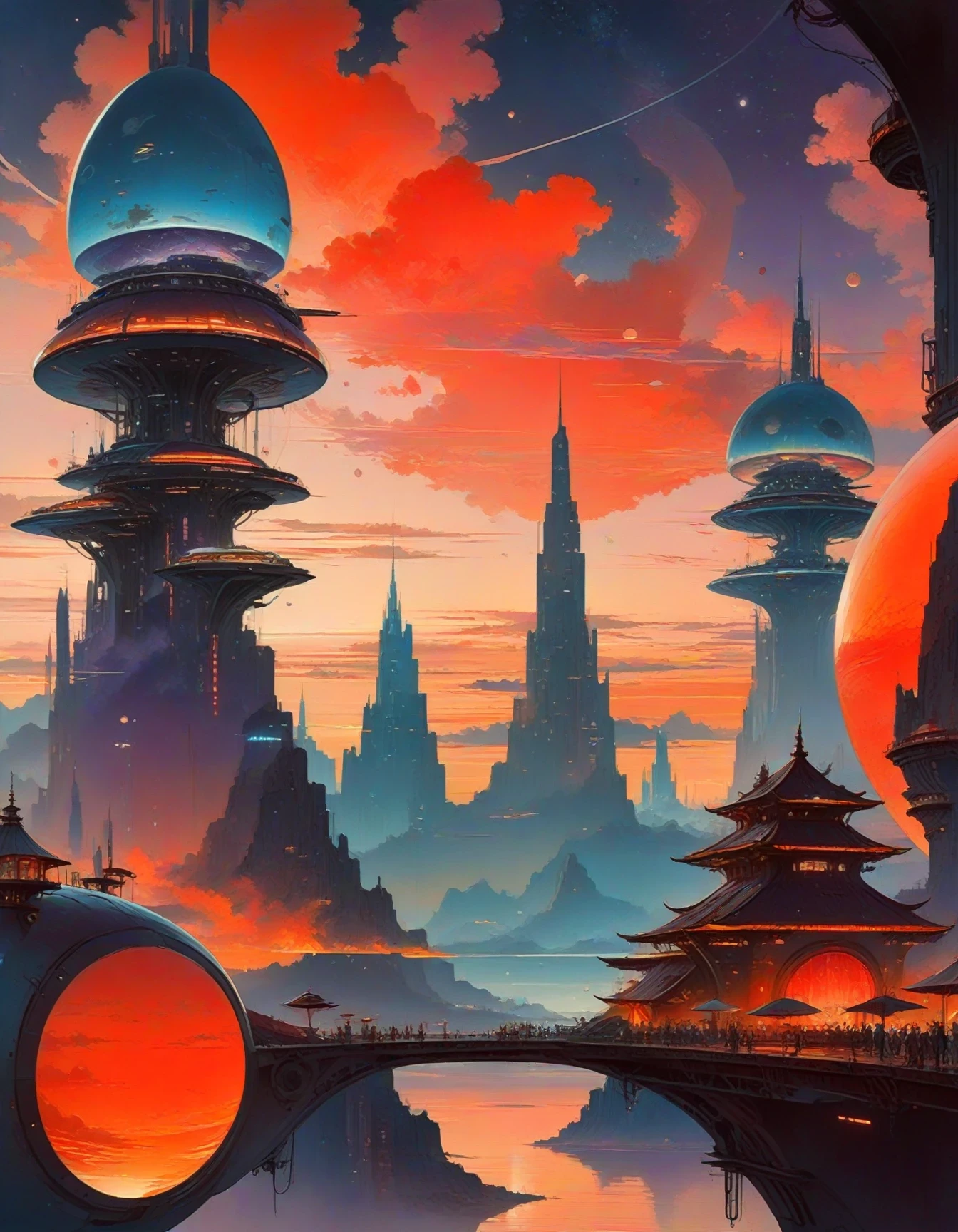 A vibrant and lively portrayal of a cheerful scifi cloud city at the end of time. The image features a floating city filled with various structures and technologies from different eras. It's a utopia where humans and aliens live together harmoniously, embracing a peaceful and prosperous existence. The color palette consists mainly of warm hues such as soft pastels like lavender, teal, gold, and rose, symbolizing the positive and optimistic atmosphere of the city. The artwork will be created using a detailed line drawing technique, combined with watercolor paintings, giving the viewer a clear view of every structure, machine, and character present within the scene.