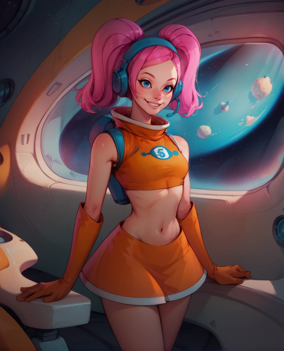 score_9,score_8_up,score_7_up,
ulala,pink hair,blue eyes,twintails,
orange top,navel,headphones,bare shoulders,elbow gloves,small blue jetpack,
smile,numbered shirt,
standing,navel,short skirt,
outerspace,new station,window,
<lora:ulala:1>,