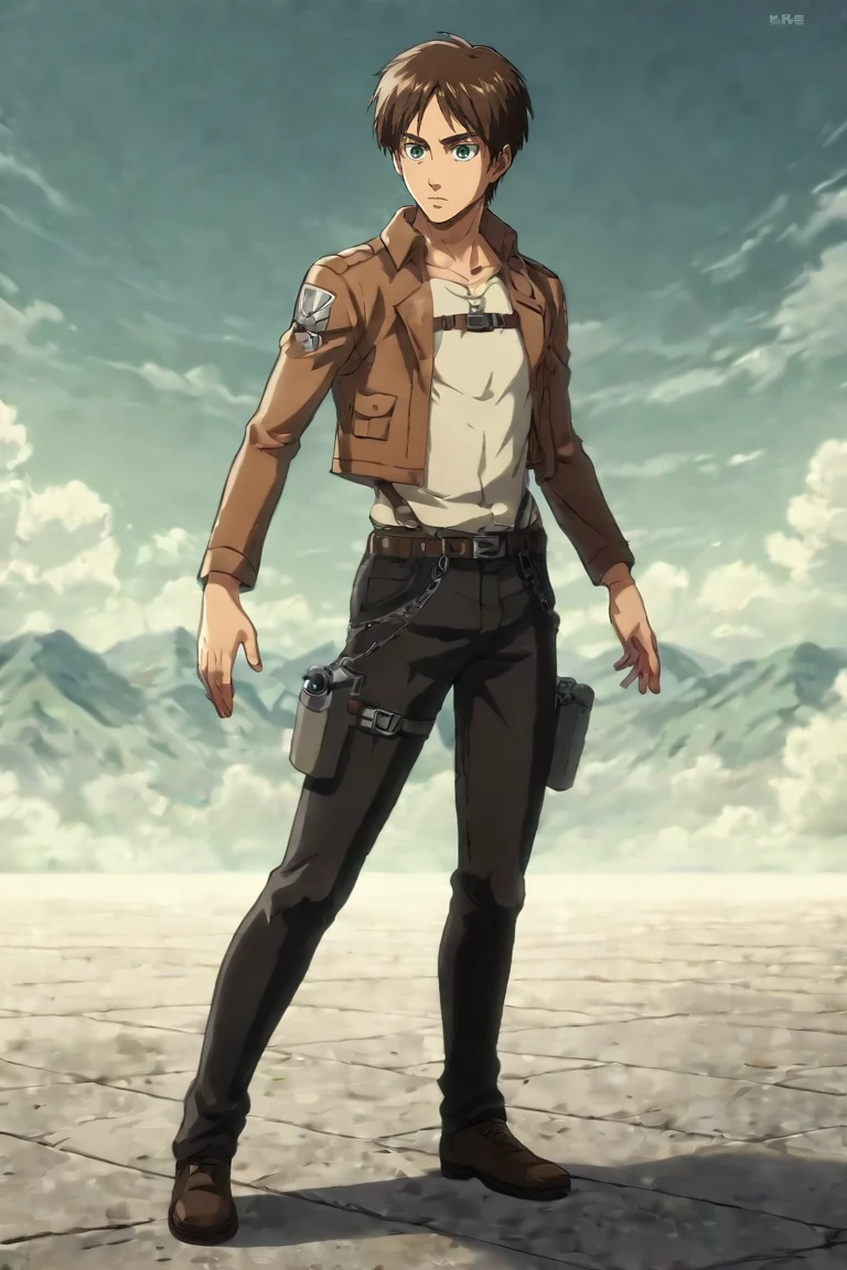 score_9, score_8_up, score_7_up, score_6_up, score_5_up, score_4_up, BREAK source_anime, 1boy, solo, male focus, full body, <lora:Eren_Yeager_PonyXL:0.82>, eren_yeager, brown hair, green eyes, , science fiction western, <lora:sdxl_lightning_8step_lora:1>