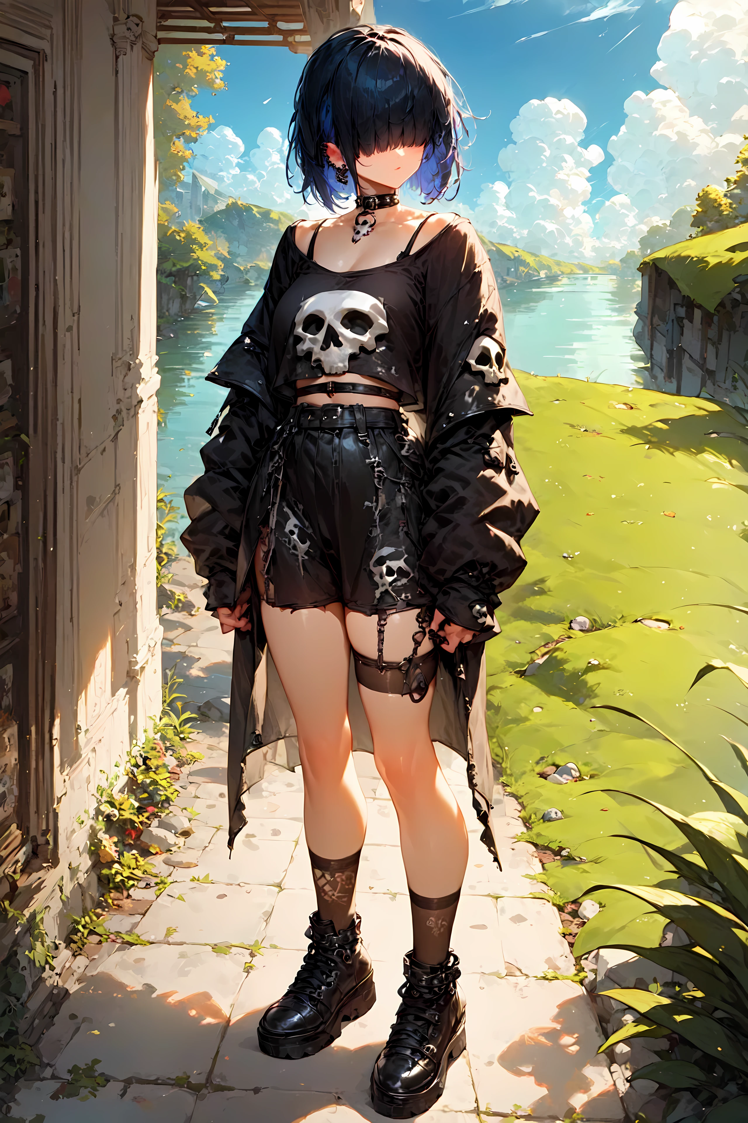 (masterpiece), best quality, 4K, perfect BREAK goth girl, bangs over eyes, goth clothes, choker, high shoes, fishnet, skull print, outdoors, standing, looking afar, <lora:Annora__Goth_girl__SD_1.5:1>