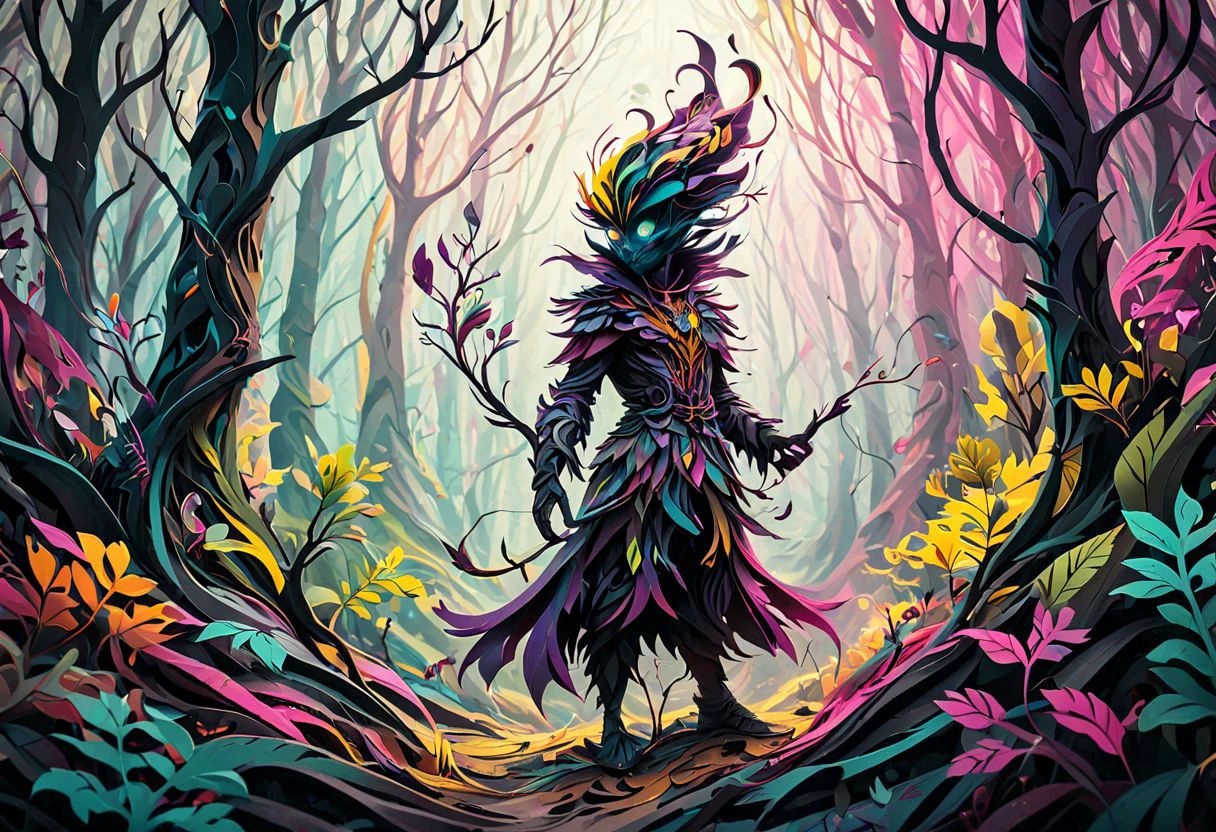 artpkplnt, colorful illustration, forest, 4k, uhd, warlock, masterpiece, Artpprct, in the style of papercutting