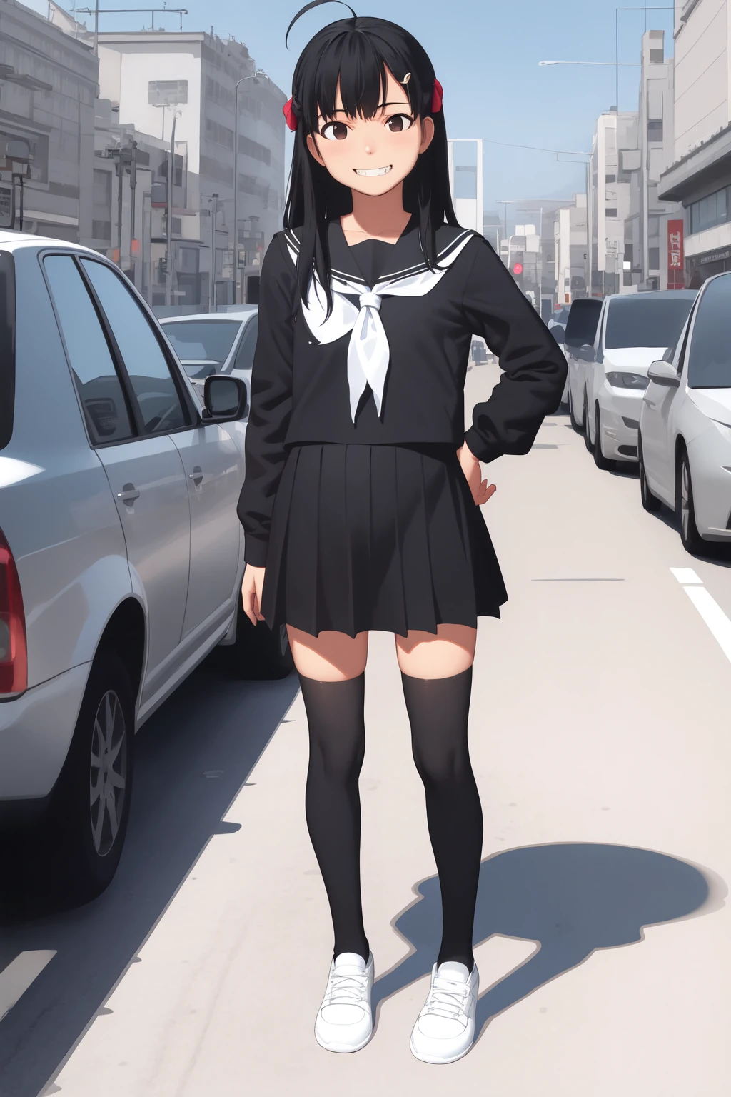 (absurdres, masterpiece, best quality),
1girl, grin, brown eyes, black hair, hair ornament, long hair, ahoge, flat chest
BREAK black serafuku, black skirt, black shirt, black thighhighs BREAK (white neckerchief:1.2), red sneakers, hands on own hips
BREAK contrapposto, full body, wide shot, detailed background, tokyo, city, bustling street
