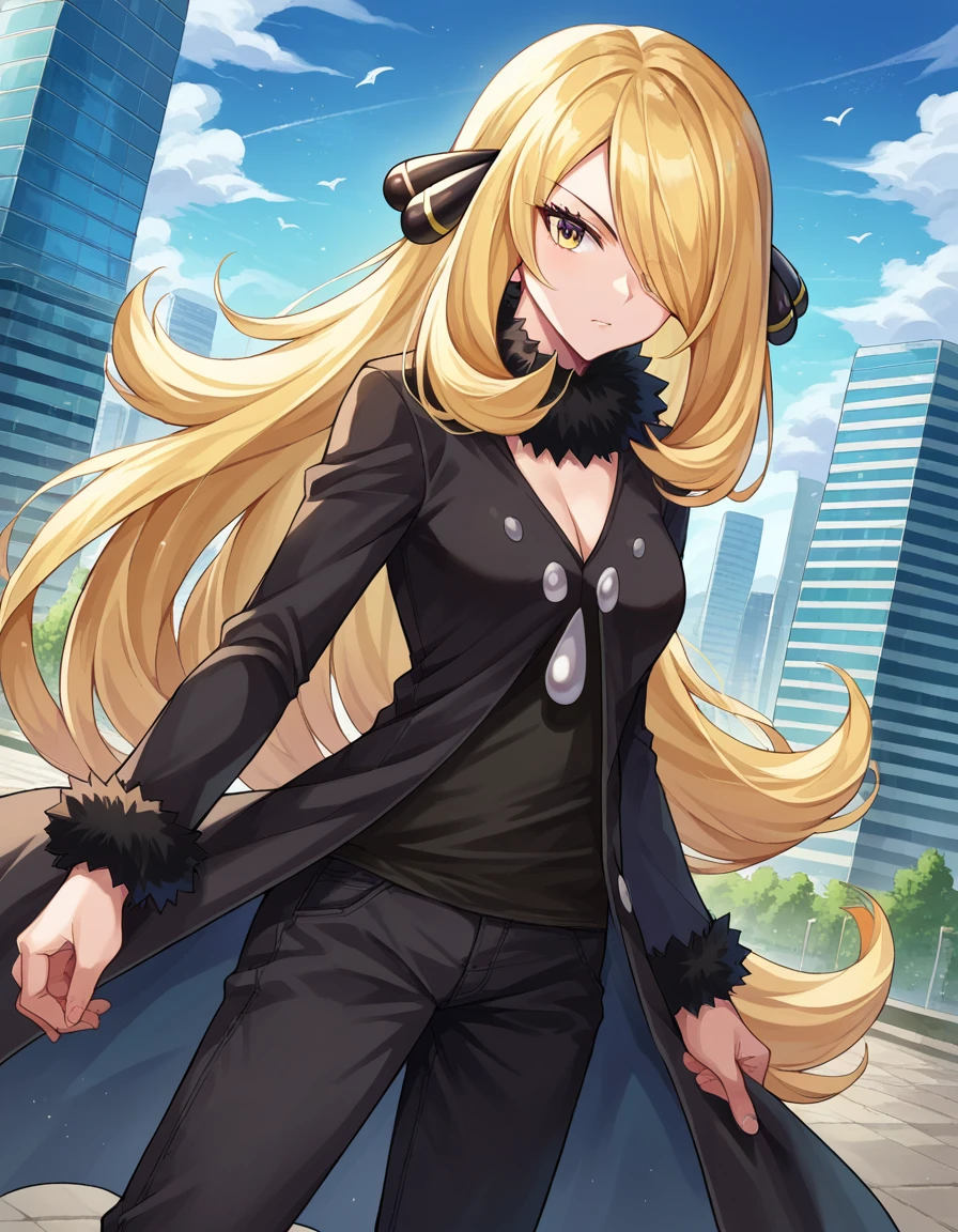 score_9, score_8_up, score_7_up, source_anime,
pokemoncynthia, <lora:pokemon-cynthia-ponyxl-lora-nochekaiser:1>
pokemoncynthia, blonde hair, hair ornament, hair over one eye, long hair, yellow eyes,
black coat, black pants, black shirt, coat, fur collar, fur trim, fur-trimmed sleeves, pants, shirt,
outdoors, cityscape,
looking at viewer, cowboy shot, dutch angle,