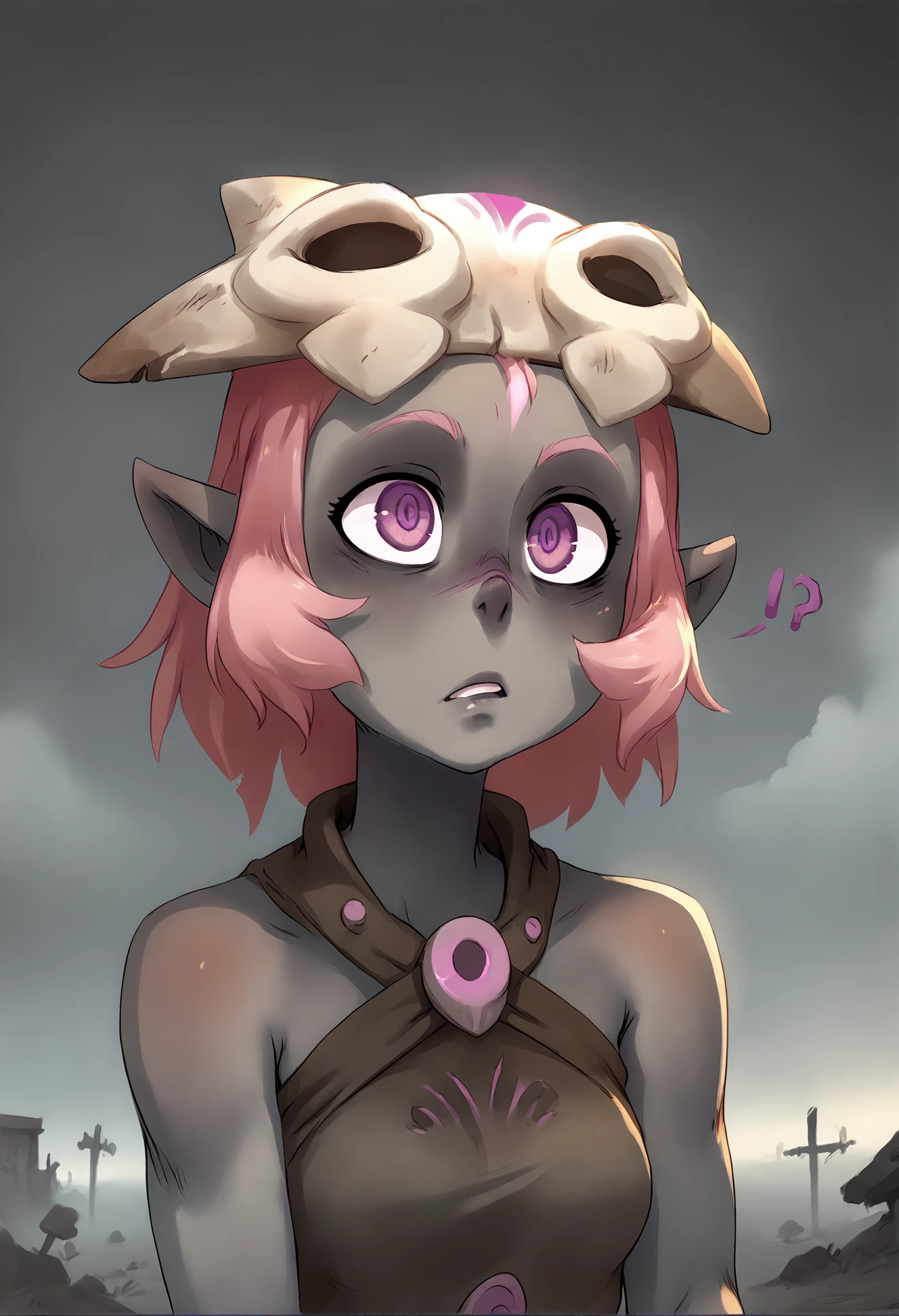(score_9, score_8_up), score_7_up, score_6_up, score_5_up, score_4_up, Coqueline, 1girl, black skin, pale skin, grey skin, pink hair, (purple eyes), skull hat, pointy ears, wasteland, destroyed land, grey sky, dark clouds, upper body, (nosebleed), <lora:Coqueline_XL_Pony:1> <lora:xaxaxaxl_v0.1:0.9> xaxaxa