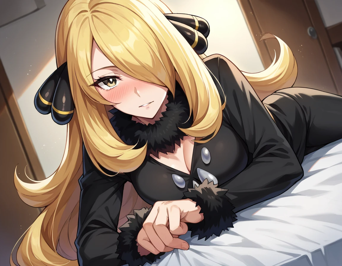 score_9, score_8_up, score_7_up, source_anime,
pokemoncynthia, <lora:pokemon-cynthia-ponyxl-lora-nochekaiser:1>
pokemoncynthia, blonde hair, hair ornament, hair over one eye, long hair, yellow eyes,
black coat, black pants, black shirt, coat, fur collar, fur trim, fur-trimmed sleeves, pants, shirt,
indoors, bed, bed room, on side, blush, drunk,
looking at viewer, cowboy shot, dutch angle,