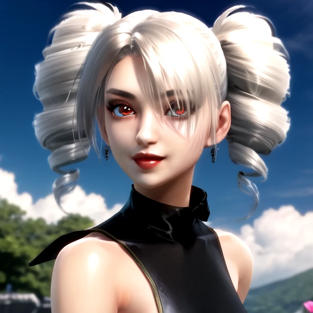 (masterpiece:1.2, best quality), SCIVScreenshot, 1girl, white hair, twindrill twintails, black lipstick, red eyes, warm smile, black dress, looking at viewer, clear blue sky <lora:SCIVScreenshot-000008:0.85>