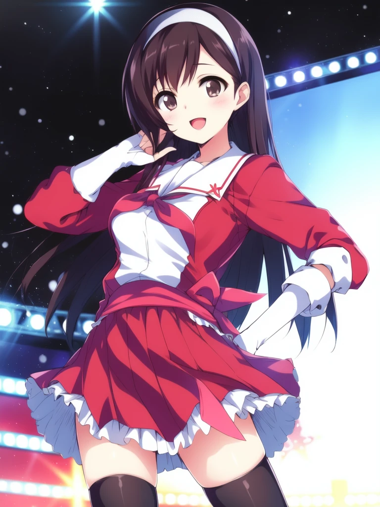 <lora:Morikawa_Yuki:0.8>, MorikawaYuki, 1girl, soro, long hair, brown eyes, black hair, brown hair, hairband, bangs. thighhighs, open mouth, smile, skirt, white thighhighs, black eyes, zettai ryouiki, :d, school uniform, looking at viewer,
stage,
masterpiece, high quality, very_high_resolution, large_filesize, full color,