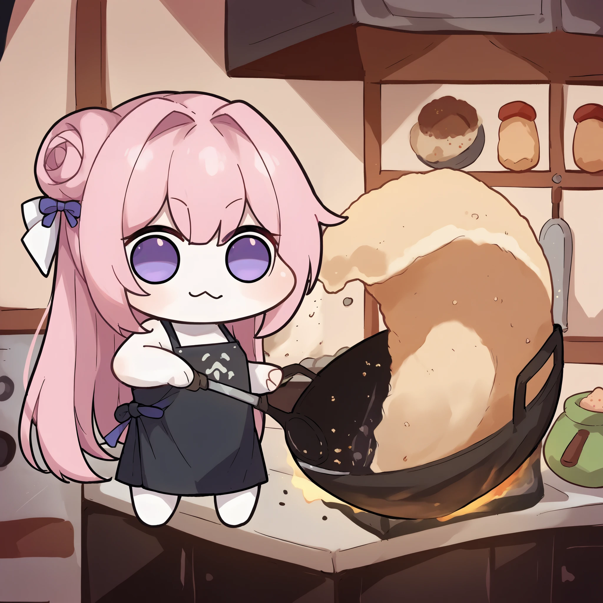 score_9, score_8_up, score_7_up, source_anime, 1girl, incrsfriedriceprankmeme, food, frying pan, holding, kitchen, <lora:FriedRicePrankMeme_XLPD:1>, apron, <lora:Doro_X_PDXL_V1:0.8> doro, creature, :3, chibi, pink hair, purple eyes, hair bun, hair bow, no humans, white skin, four legs, solid circle eyes, no pupils, all fours,