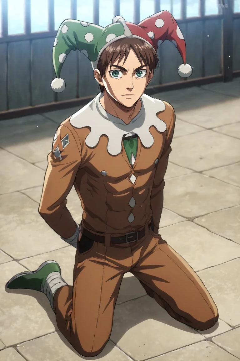 score_9, score_8_up, score_7_up, score_6_up, score_5_up, score_4_up, BREAK source_anime, (best quality:1.1), (masterpiece:1.4), looking at viewer, full body, , 1boy, solo, male focus, <lora:Eren_Yeager_PonyXL:0.94>, eren_yeager, brown hair, green eyes, jester costume, science fiction space opera, Kneeling, showing humility, <lora:sdxl_lightning_8step_lora:1>