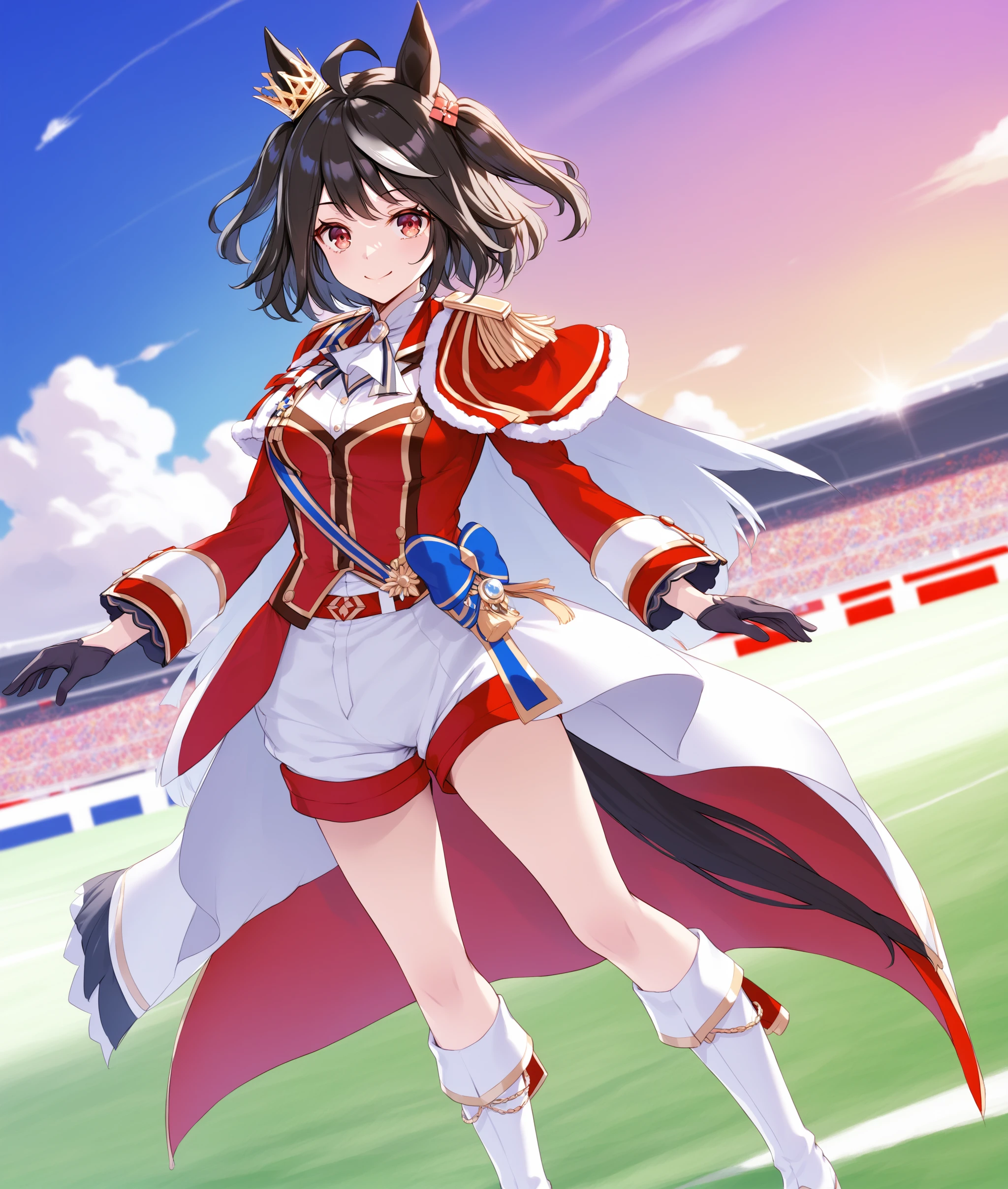 score_9, score_8_up, score_7_up BREAK
grassland, racing,
final_bloom, 1girl, solo, looking at viewer, smile, black hair, hair ornament, red eyes, gloves, animal ears, closed mouth, standing, tail, full body, ahoge, white hair, multicolored hair, boots, shorts, black gloves, belt, medium hair, two side up, streaked hair, white footwear, horse ears, horse girl, horse tail, epaulettes,
<lora:Kitasan_Black-ponyXL_V1:0.8>,