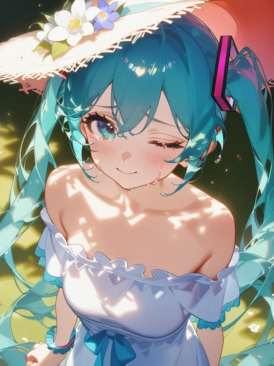1girl, solo, long hair, hat, flower, dress, holding, holding hat, white dress, twintails, holding clothes, smile, facing viewer, leaf, white flower, aqua hair, unworn hat, upper body, closed mouth, sun hat, unworn headwear, off-shoulder dress, off shoulder, light particles, crying, sunlight, jewelry, very long hair, dappled sunlight, hat flower, one eye covered, bare shoulders, bracelet, hand up, blurry, arm at side, blush, collarbone, sidelighting, hatsune miku, high quality, masterpiece, very aesthetic, recent