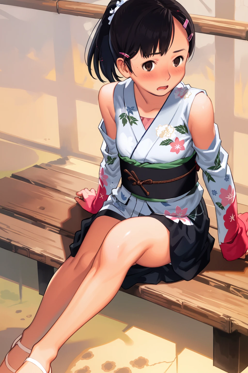(masterpiece, best quality:1.2),
1girl, solo, looking at viewer, (concerned, blush:1.2), braided ponytail, open mouth, black hair, brown eyes BREAK
print yellow yukata, thighs, sandals, sash, japanese clothes, hairclip BREAK
sitting, bench, leg up, from above, park