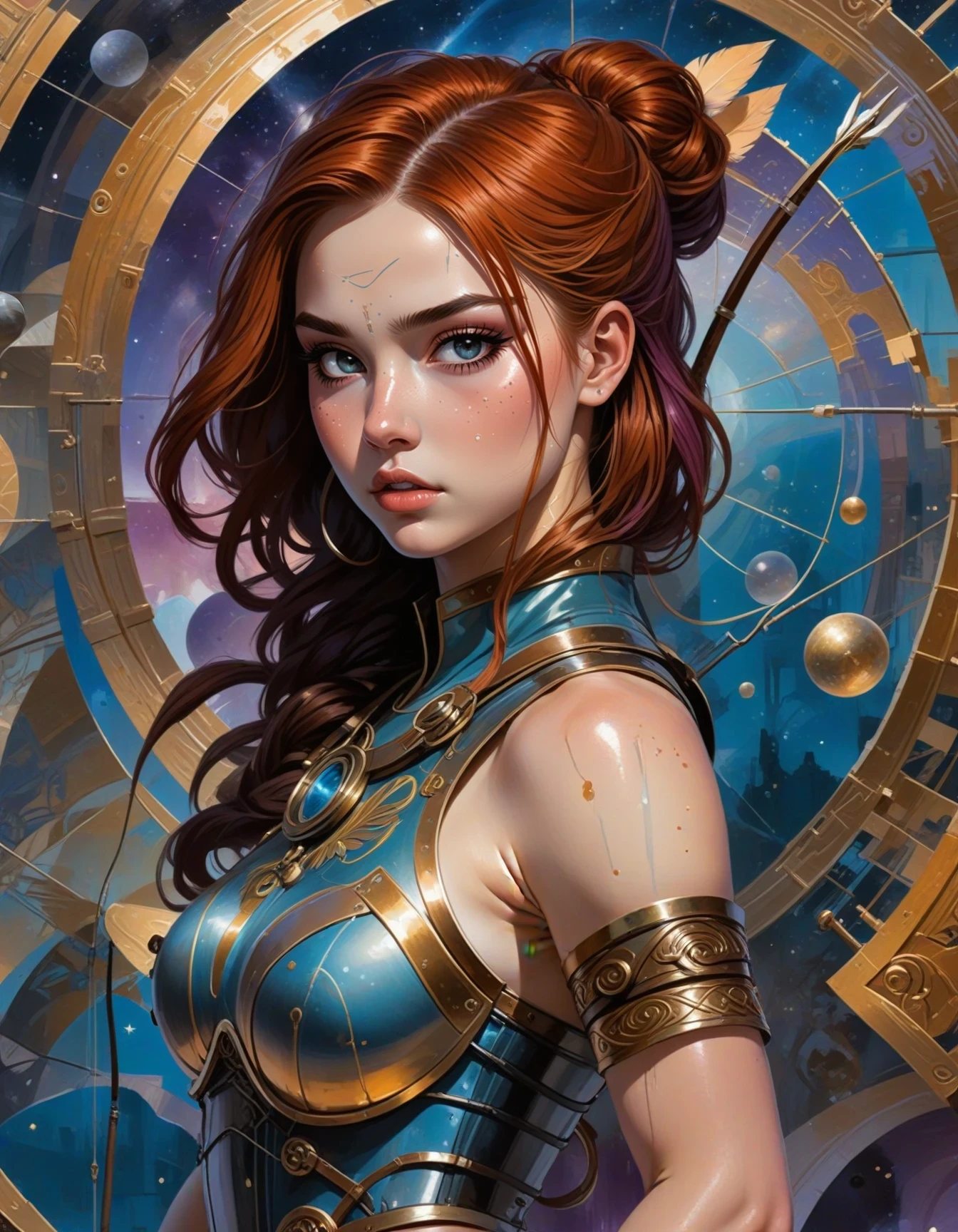 A young caucasian woman dressed as a fierce Arctic Celtic archer stands in the center of an Ancient Astronomical Observatory room, surrounded by advanced technology from a cheerful sci-fi hamlet outside of time. Her war paint is applied with precision, highlighting her intense focus on her targets. She wears sexy armor that allows for maximum mobility during her hunts, and her auburn hair is styled in a Half Up Half Down style, with her flexing her arm muscles to show off her impressive strength. Her bombshell hair is pulled back into a sleek Bob, completing her fearsome and alluring appearance. The overall atmosphere of the image is one of power and determination, as the young woman embraces her role as a skilled archer in this mysterious and captivating world. This image is created using a mix of realistic and surreal elements, with a vibrant color palette that includes shades of gold, blue, and purple, evoking a sense of wonder and discovery.