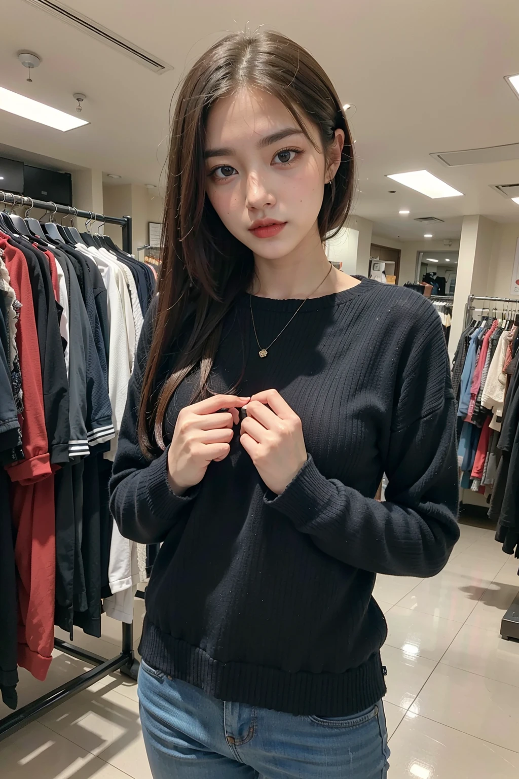 (Masterpiece:1.4, Photorealistic:1.4, 8K resolution, Ultra High Quality, Incredibly Detailed, (realistic skin, Detailed shiny skin), Cinematic lighting, best shadow, (normal physical expression, perfect anatomy:1.4), detailed background, RAW), glossy lips, slender,
1 girl, faint smile, autumn, autumn fashion, warm colors, (clothing store:1.4), inside the store, shopping, indoor, detailed background