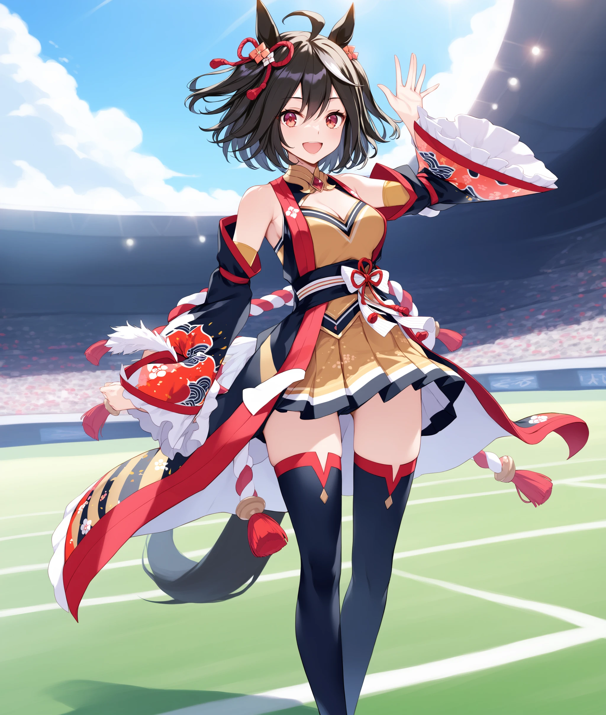 score_9, score_8_up, score_7_up BREAK
(grassland), racing,
shobufuku, 1girl, solo, breasts, looking at viewer, smile, short hair, black hair, hair ornament, red eyes, thighhighs, animal ears, cleavage, hair between eyes, medium breasts, tail, full body, ahoge, white hair, multicolored hair, detached sleeves, (black thighhighs), streaked hair, clothing cutout, cleavage cutout, horse ears, horse girl, rope, horse tail, shimenawa, (standing), sing arm waving, laughing,
<lora:Kitasan_Black-ponyXL_V1:0.8>,