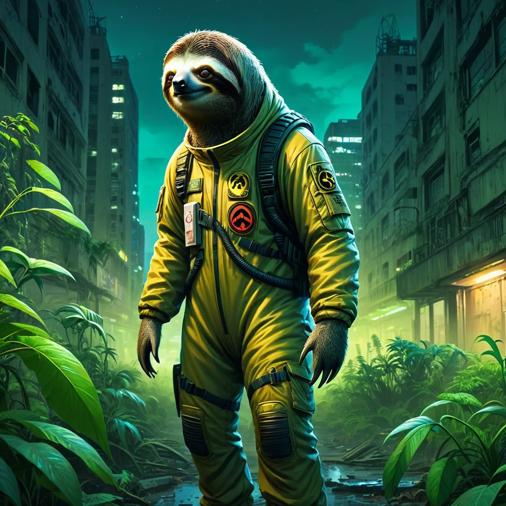 concept art <lora:sl0th-000007:0.7> , sloth wearing biohazard suit, overgrown post apocalyptic deserted city at night, digital artwork, illustrative, painterly, matte painting, highly detailed