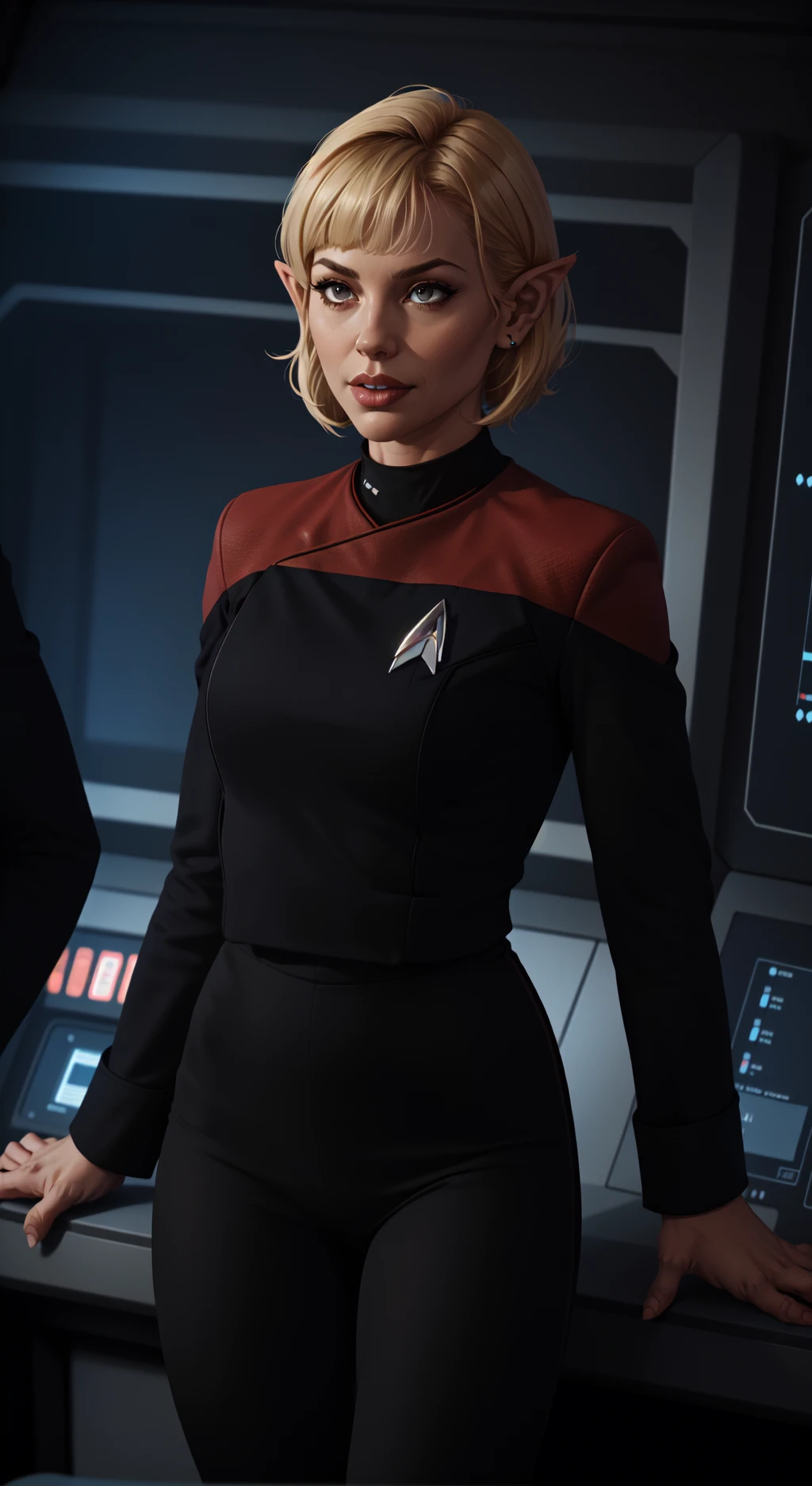side (bob haircut1:1), vulcan girl, star trek , (pcdst red uniform:1.25),black pants <lora:STPicardUniforms:0.8>, pointy ears,