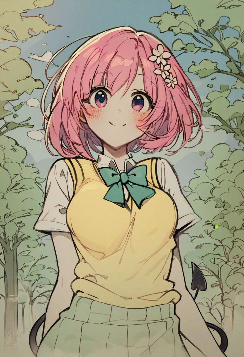 score_9, score_8_up, score_8, medium breasts, (curvy), cute, eyelashes, 
tlrmomo, pink hair, hair flower, green bowtie, yellow sweater vest, white shirt, short sleeves, green miniskirt, demon tail, looking at viewer, standing, happy, blue sky, trees, waist up head tilt, curvy, smile, blush,