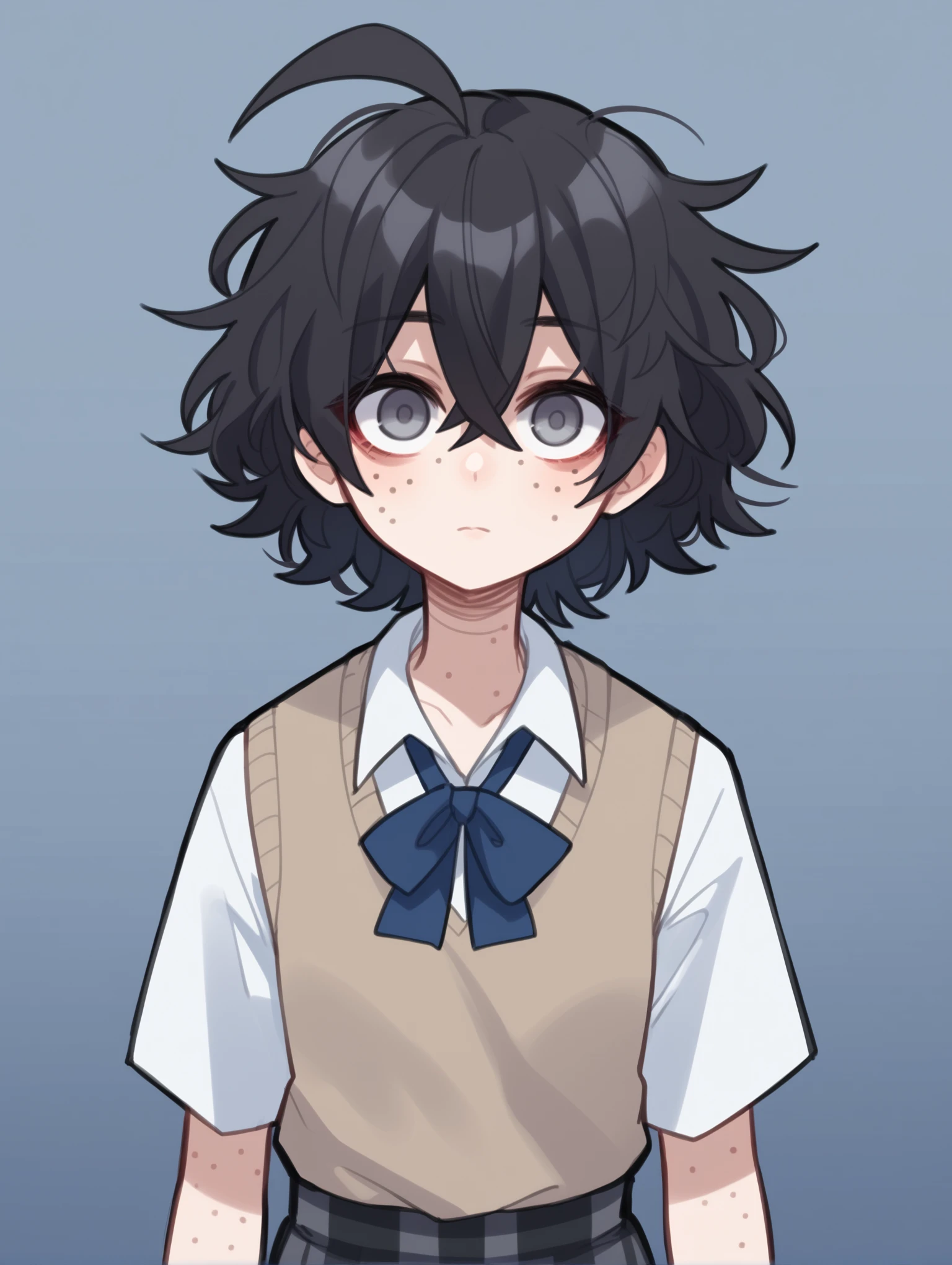 score_9, score_8_up, score_7_up, score_6_up, score_5_up, score_4_up, source_anime, BREAK
1girl, solo, looking at viewer, <lora:PopokaXL:1> popokaxl, black hair, white shirt, sweater vest, plaid skirt, freckles, grey eyes, empty eyes, blind girl, ahoge, short hair, messy hair, portrait,