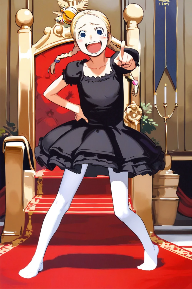 score_9, score_8_up, score_7_up, rating_safe, absurdres BREAK 1girl, (laughing, open mouth, tearing up:1.2), (foreshortening, pointing at viewer:1.2), blonde hair, braided bangs, long hair, gold mini crown, blue eyes, flat chest, black dress, white pantyhose, barefoot, standing, (full body, very wide shot:1.2), hand on own hips, royal throne, luxurious living room