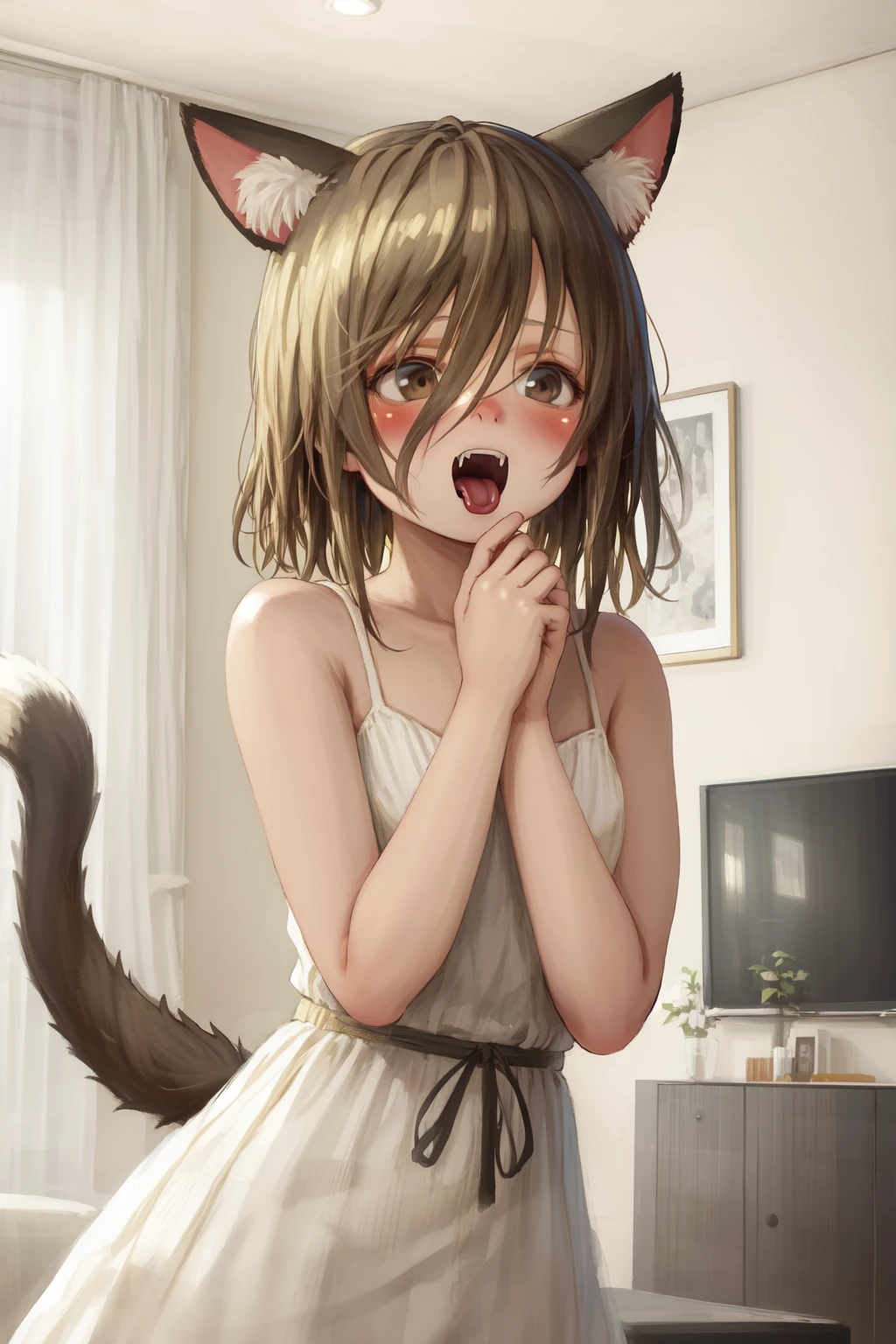 (masterpiece, best quality:1.2), 1girl, brown hair, hair between eyes, brown eyes, full face blush, looking away, animal ears BREAK white dress, tail, open mouth, hand on own mouth, close-up, (tongue:0.6), fangs, living room