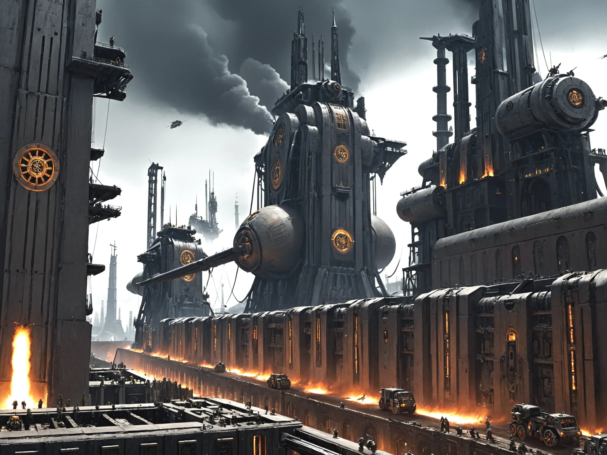 warhammer 40K, forge world city, Forge Worlds stand as bastions of industrial might, their landscapes dominated by colossal foundries and advanced facilities. Towering structures belch smoke and flame into the sky, amidst the constant hum of machinery. Symbols of the Machine God adorn buildings, a testament to the devotion of the Adeptus Mechanicus, while high-tech materials and sleek designs reflect their technological prowess. Void docks and launch bays sprawl across the terrain, where ships are built and repaired for the Imperium. Despite the hazardous environment, the Forge Worlds continue to churn out weapons and war machines, their dedication unwavering in service to the Emperor. Industrial, Futuristic, Metallic, Technological, Gothic, Utilitarian, Advanced, Mechanical, Stark, Gleaming, Gritty, Imposing, Symbolic, Monumental, Resilient, Grimy, Dilapidated, Crowded, Gritty, Dystopian, Gothic, Decaying, Vertical, Chaotic, Overcrowded, Urban, Squalid, Brutalistic, Oppressive, Dark, <lora:Wolvie_Concept_wh40k10m_v1.0:1> wh40k10m, iconography, statue, Imperium of Man location, Astra Militarum, dystopian, gothic, ornate, massive, (low quality, worst quality, bad quality, lowres:1.2), bad photo, bad art, oversaturated, watermark, username, signature, text, error, cropped, jpeg artifacts, autograph, trademark, (canvas frame, canvas border, out of frame:1.2),