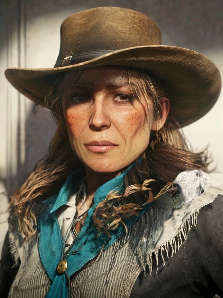 a portrait of SadieAdler,  wearing a cowboy hat and cowboy outfit <lora:SDXL_SadieAdler:1>