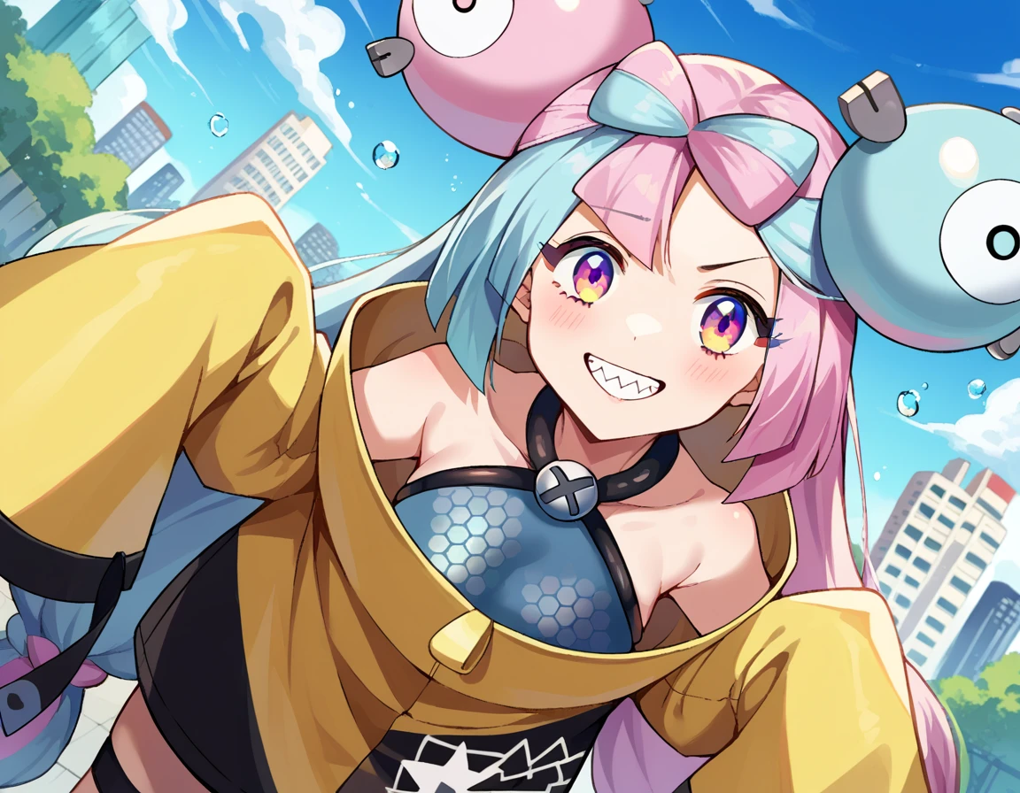 score_9, score_8_up, score_7_up, source_anime,
pokemoniono, <lora:pokemon-iono-ponyxl-lora-nochekaiser:1>
pokemon iono, blue hair, bow-shaped hair, character hair ornament, hair ornament, long hair, low-tied long hair, multicolored hair, pink hair, sharp teeth, split-color hair, twintails, two-tone hair, pink eyes, smile,
asymmetrical legwear, bell, bow-shaped hair, character hair ornament, hexagon print, oversized clothes, pantyhose, single leg pantyhose, split-color hair, jacket, yellow jacket,
outdoors, cityscape, bent over,
looking at viewer, cowboy shot, dutch angle,