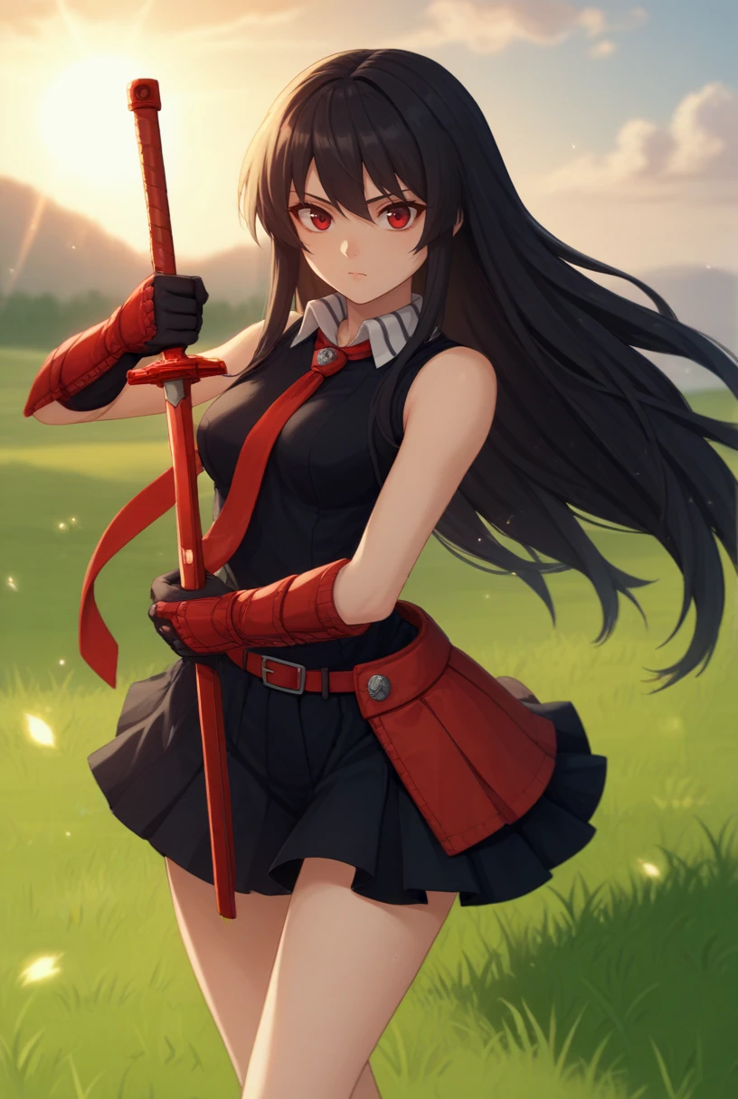 score_9, score_8_up, score_7_up, source_anime, 1girl, looking at viewer, cowboy shot,
<lora:AkamePdxlDwnsty-000007:1>, red eyes, long hair, black hair, black dress, sleeveless, pleated skirt, black shirt, necktie, gauntlets, red belt, holding sword, fighting stance, 
medium breasts,
grass, medieval, cloudy sky, sunlight,