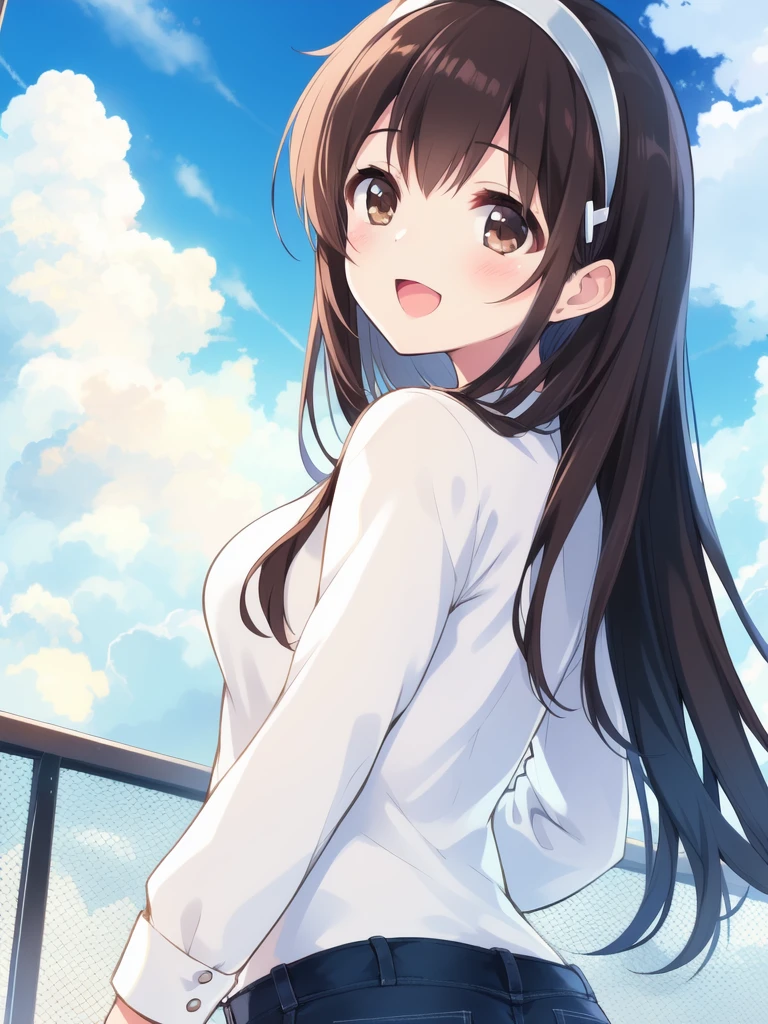 <lora:Morikawa_Yuki:0.8>, MorikawaYuki, 1girl, soro, long hair, brown eyes, black hair, brown hair, hairband, bangs. white
night, sky, open mouth, smile, hair ornament, :d, hairclip, cloud, blush, shirt, ass,
masterpiece, high quality, very_high_resolution, large_filesize, full color,