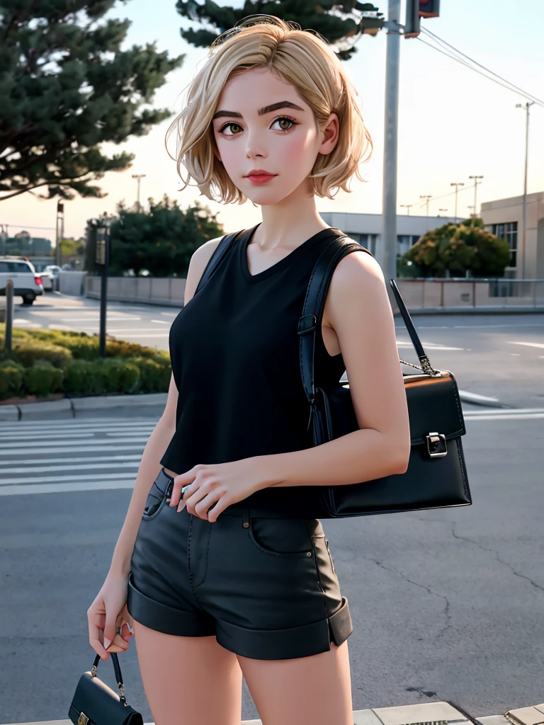 A beautiful k13rn4ns woman, 1girl,solo,looking at viewer,short hair,blonde hair,shirt,holding,standing,jacket,full body,white shirt,outdoors,shorts,sleeveless,bag,black footwear,tree,sleeveless shirt,shadow,black shorts,handbag,realistic,jacket removed,black bag,soft lighting, professional Photography, Photorealistic, detailed, RAW, analog, sharp focus, 8k, HD, high quality, masterpiece<lora:k13rn4ns:1.0>