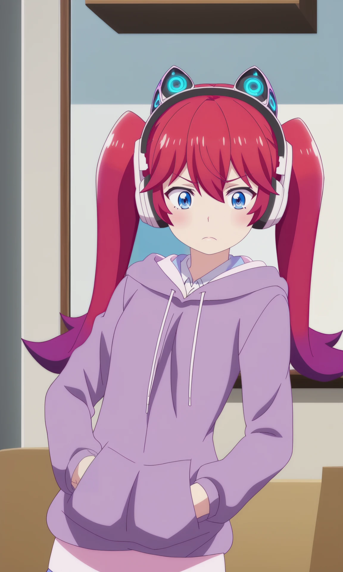 1girl, solo, masterpiece, best quality,  detailed face,detailed body,anime screencap,
<lora:AmeliaIrving_16XL:1> 
Amelia_Irving,  short hair, blue eyes, long hair,red hair,twintail,
headphones,hoodie,