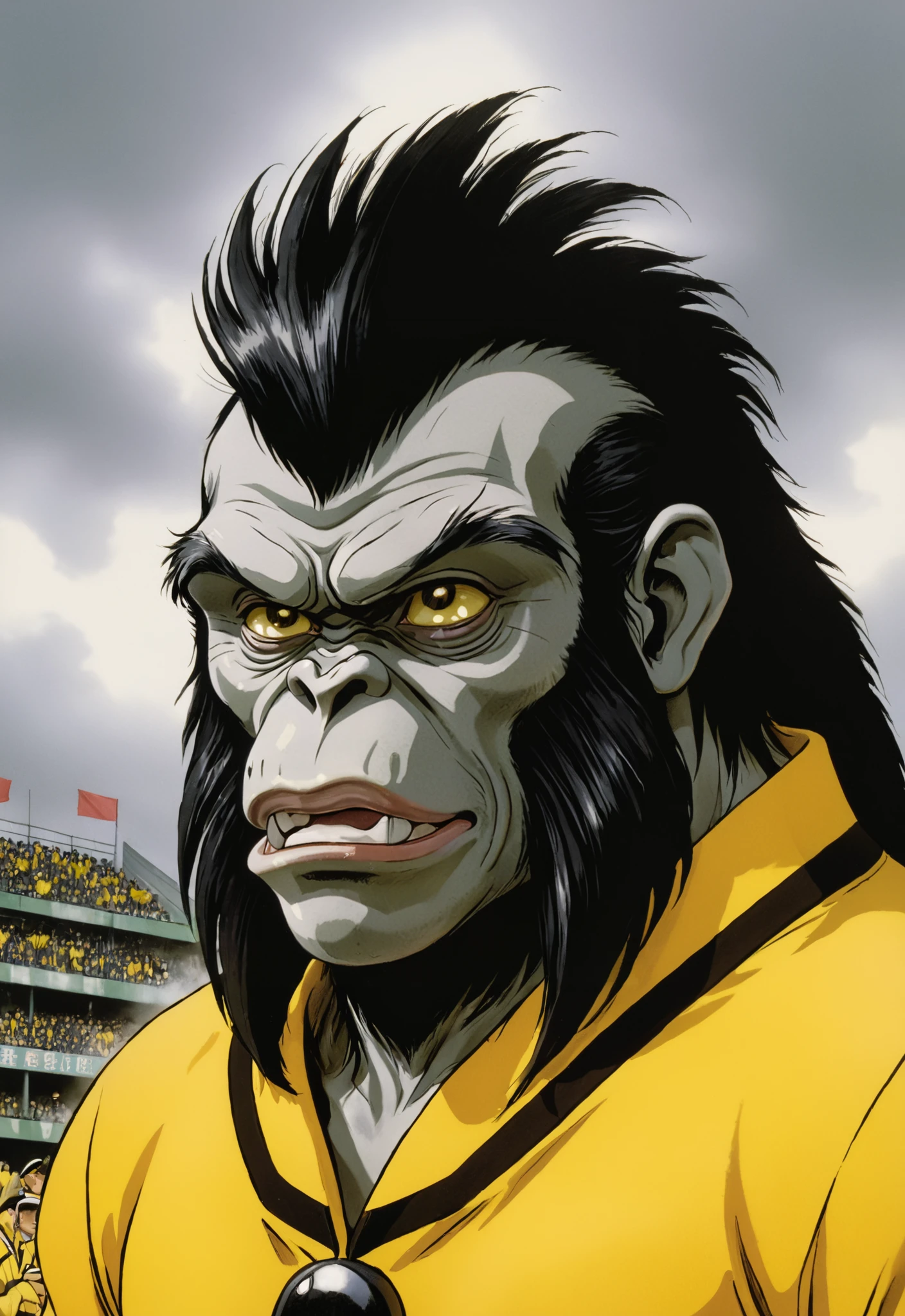Semi-realistic style, Koshien cheering section, anthropomorphic gorilla, looking down with a dreary expression in a yellow uniform with black stripes