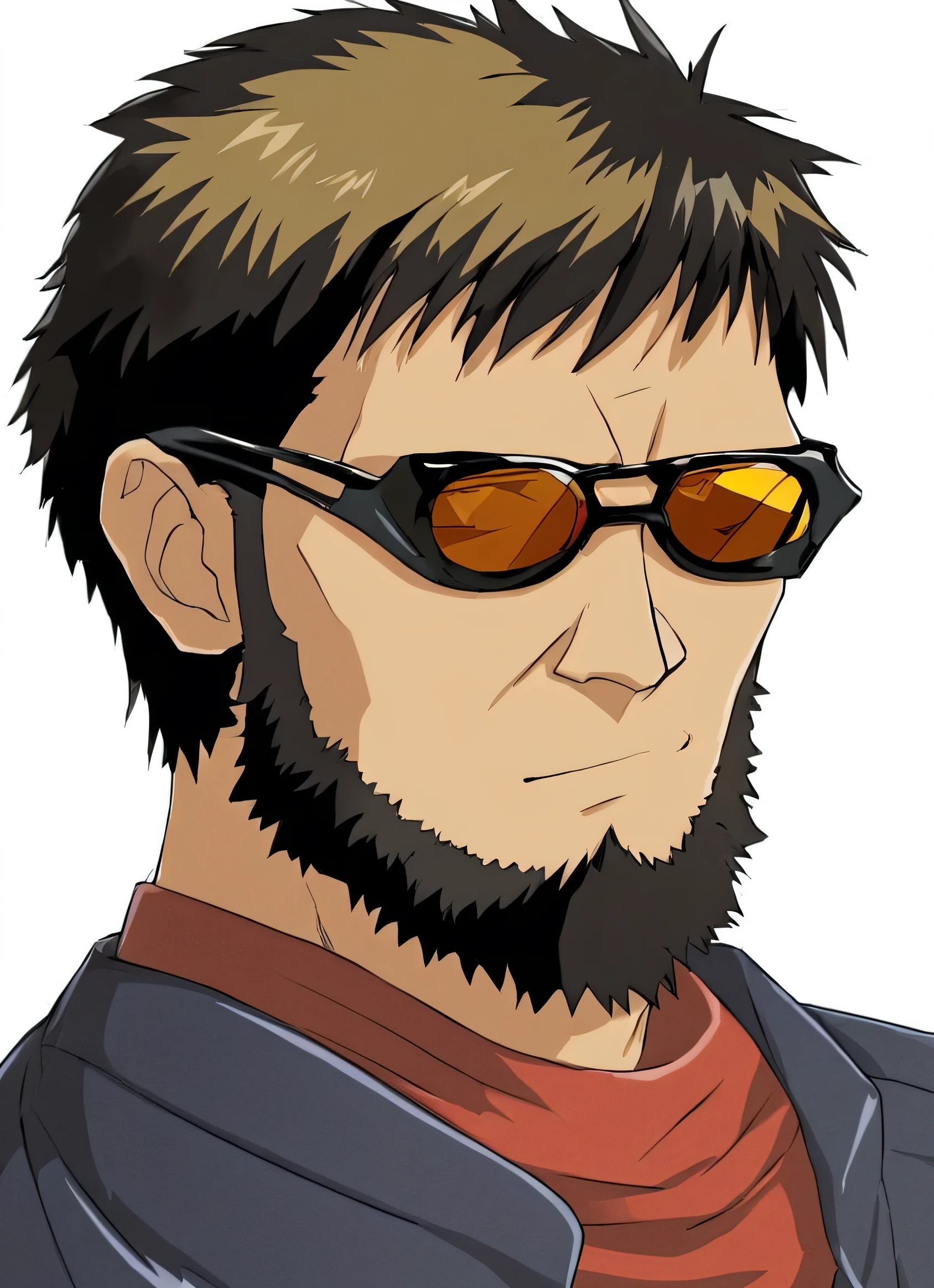 <lora:Anime_Enhancer_XL:0.7> <lora:ikari gendo:0.9> ,solo,short hair,simple background,black hair,1boy,white background,closed mouth,upper body,male focus,facial hair,sunglasses,goggles,portrait,beard,gendo ikari