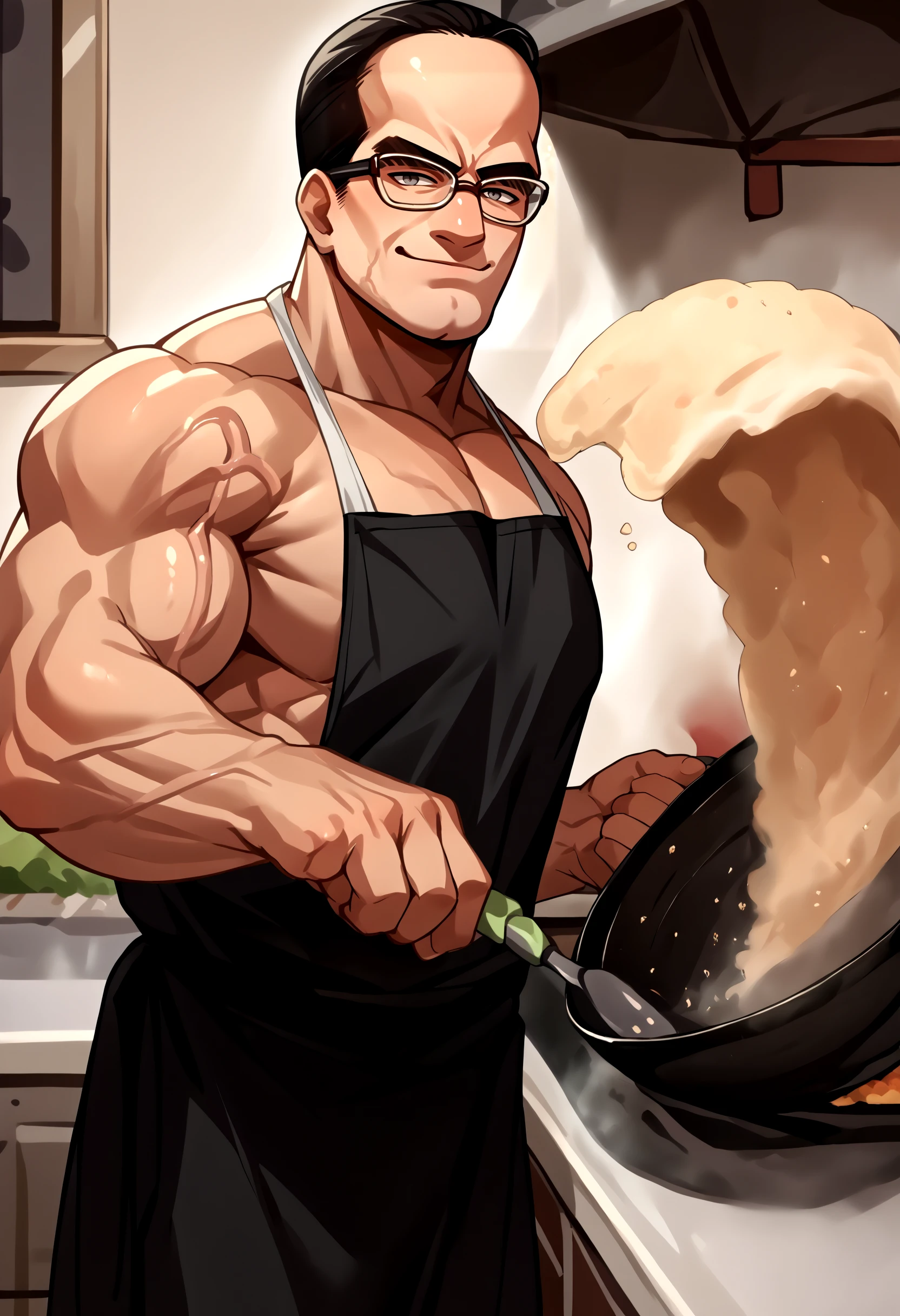 score_9, score_8_up, score_7_up, source_anime, 1boy, incrsfriedriceprankmeme, food, frying pan, holding, kitchen, <lora:FriedRicePrankMeme_XLPD:1>, apron, <lora:SenatorArmstrongPDXL_V1-Manityro-CAME:1>, SenArmStrong, grey eyes, black hair, buzz cut, glasses, manly, muscular male, nude, smirk, seductive smile, veins,